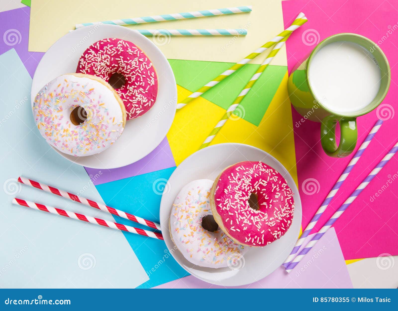 Donuts with Icing and Milk on Pastel Colorful Background. Sweet Stock Image Image of cake