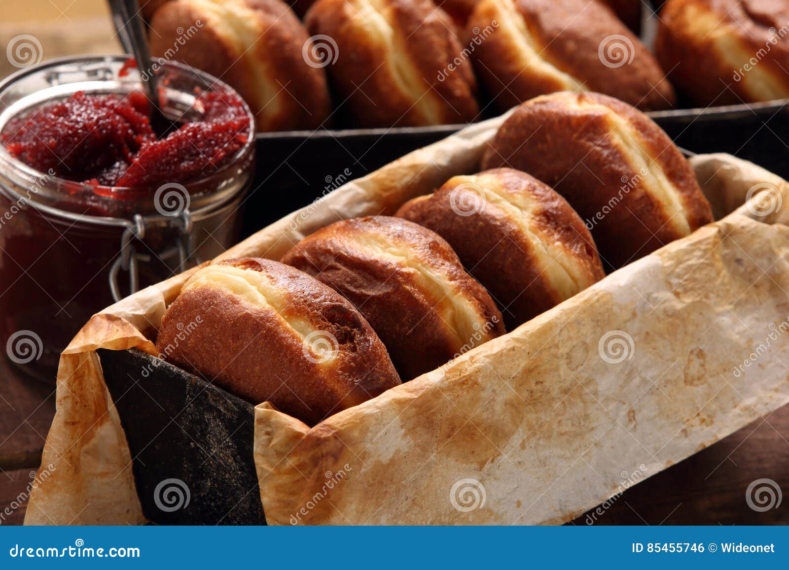Donuts with Jam. Traditional Polish Cookies on Fat Thursday Stock Photo