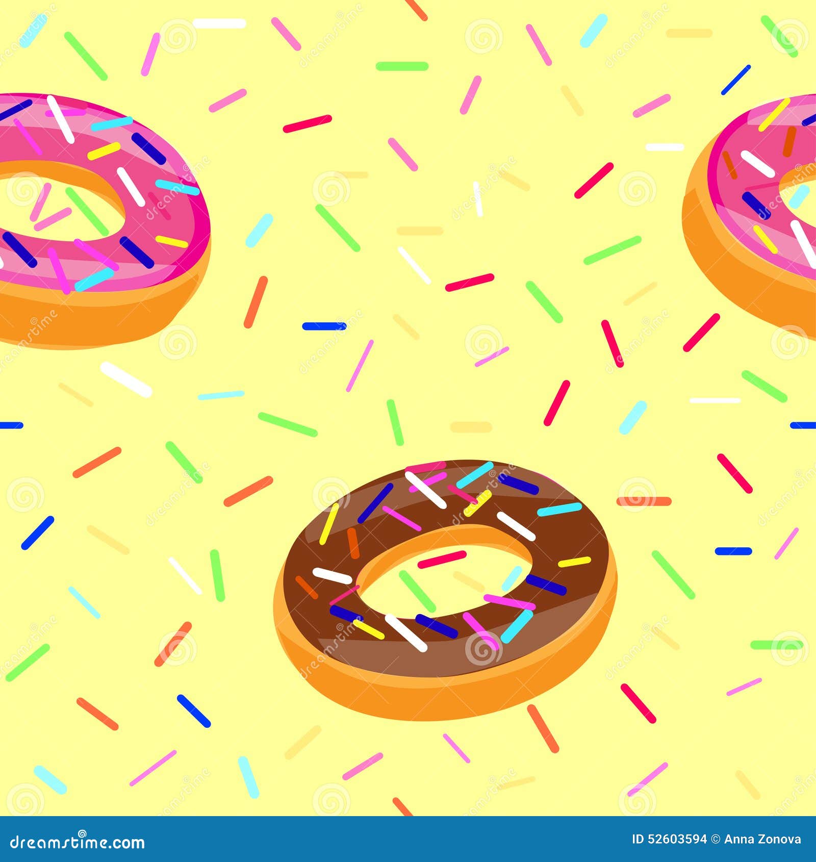 Donuts seamless pattern. Donuts with Topping on a yellow background