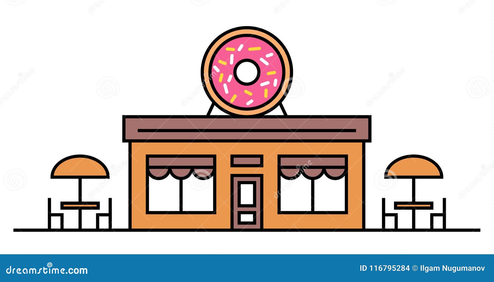 Donuts Shop or Cafe with Two Tables. Coloured Vector Flat Illustration.  Design. Signboard with Big Tasty Donut with Glaze. Cafe Stock Vector -  Illustration of commercial, shop: 116795284