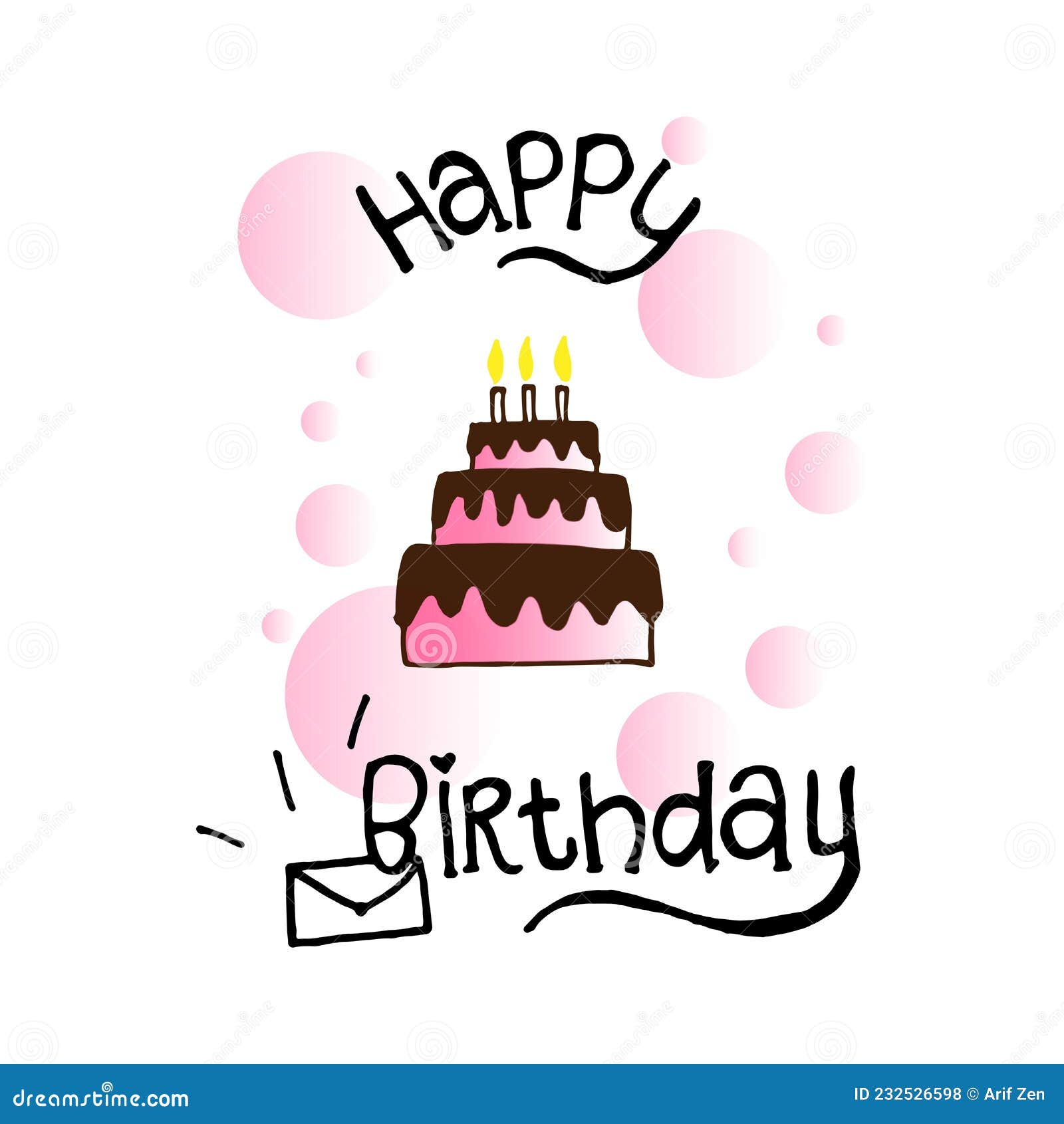 happy birthday-hand drawn lettering with birthday cake  on white background. chocolate cake with three candles. hand d