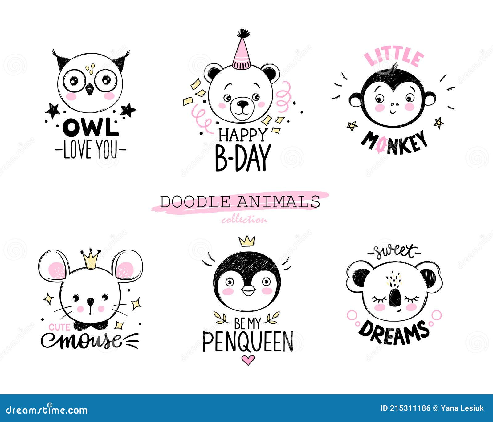 doodle animals  set. owl, bear, monkey, mouse, penguin, koala faces in sketch style. funny quotes. hand drawn cute