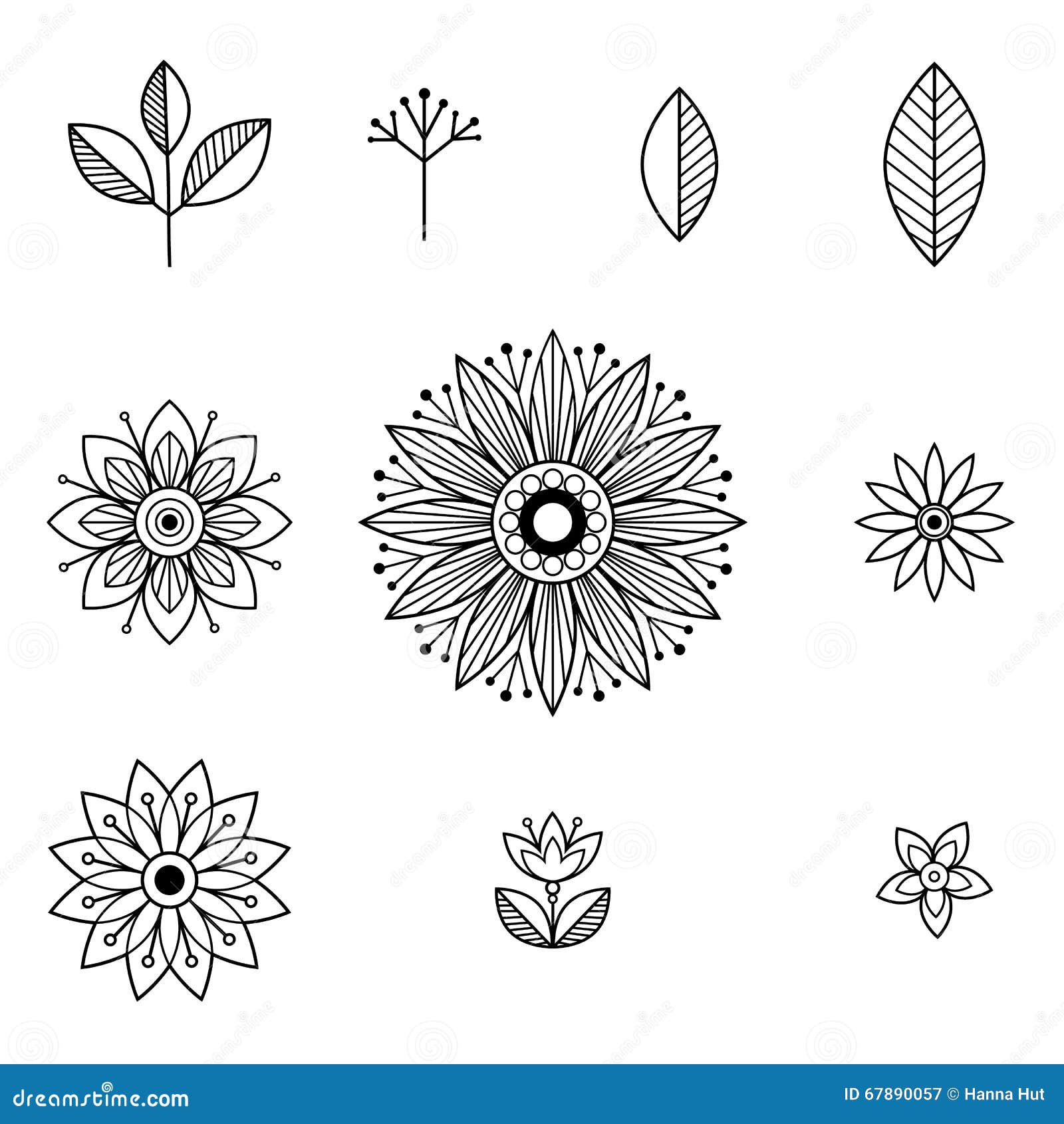 Doodle Art Flowers Hand Drawn Herbal Design Elements Stock