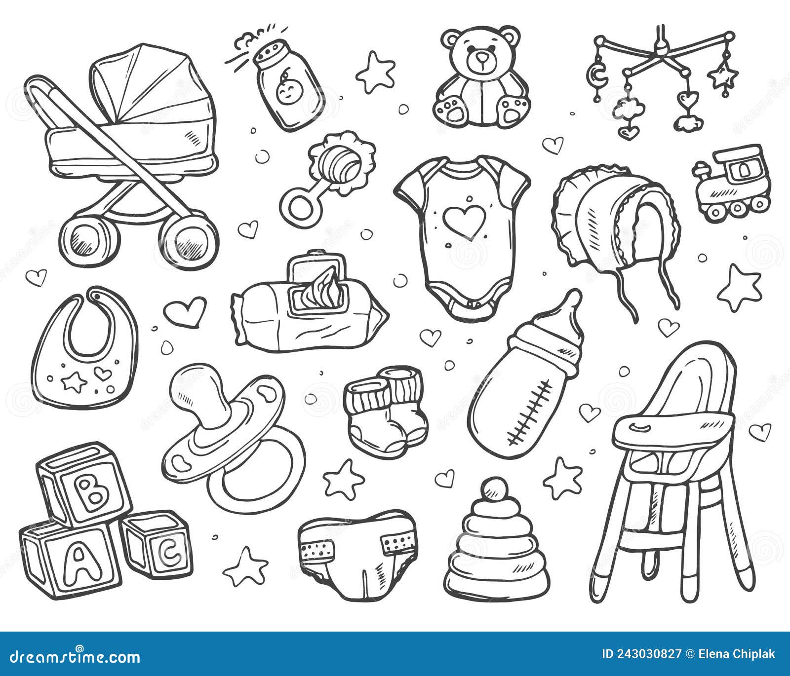 Doodle Baby Nursery Icons Set. Vector New Born Sketch Stock Vector ...
