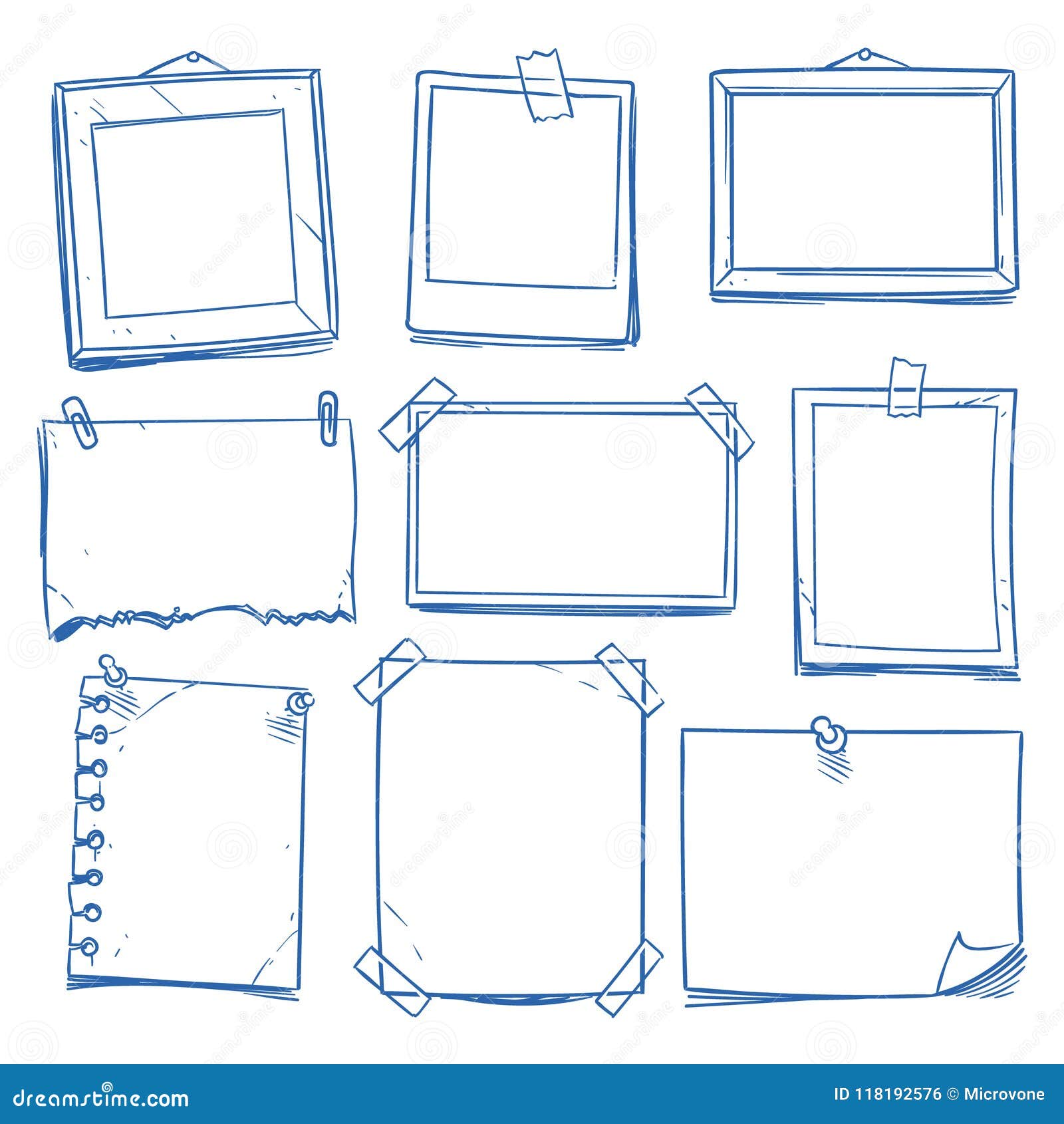 doodle blank memo, notepaper. hand drawn school notice and photo frames   set