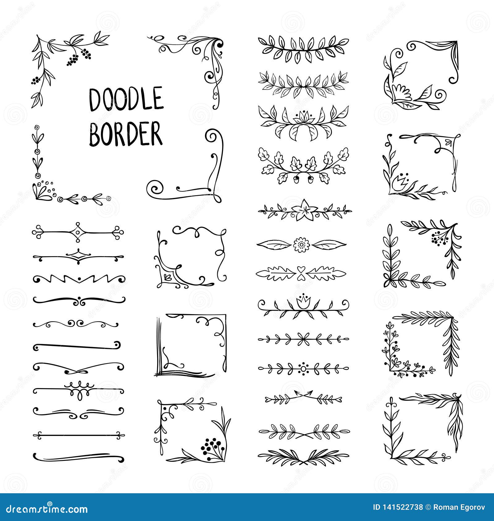 doodle border. flower ornament frame, hand drawn decorative corner s, floral sketch pattern.  doodle frame