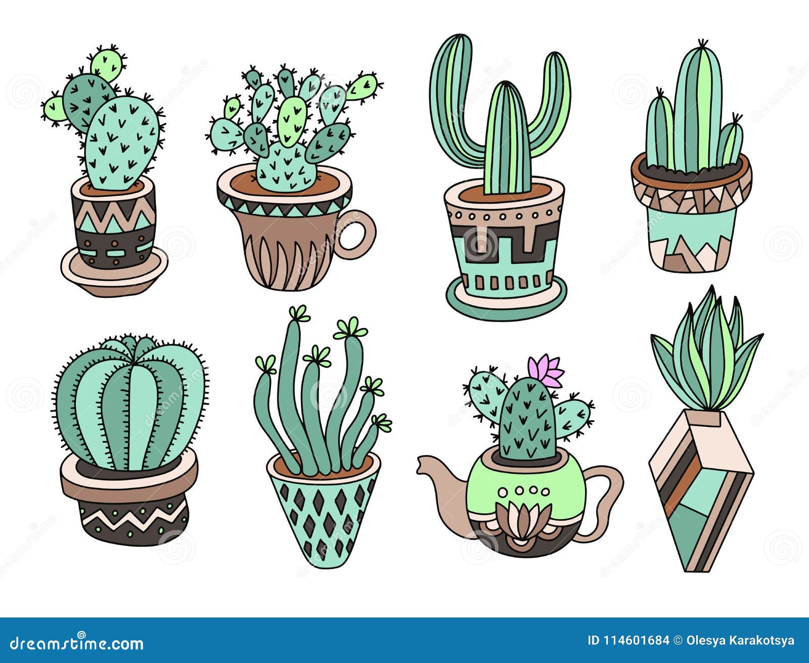 Doodle Cacti Collection, Hand Drawing Set Of Various