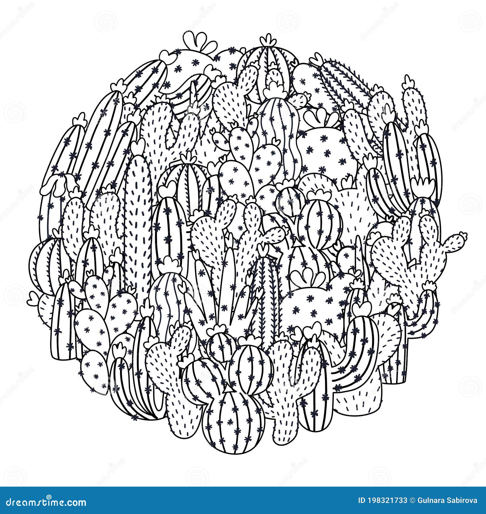 Doodle Cactuses Circle Shape Pattern for Coloring Book. Black and ...