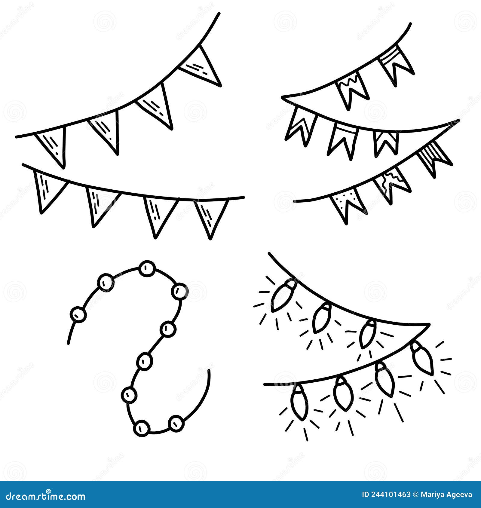Doodle Carnival Garland with Flags and Light Bulbs Stock Vector