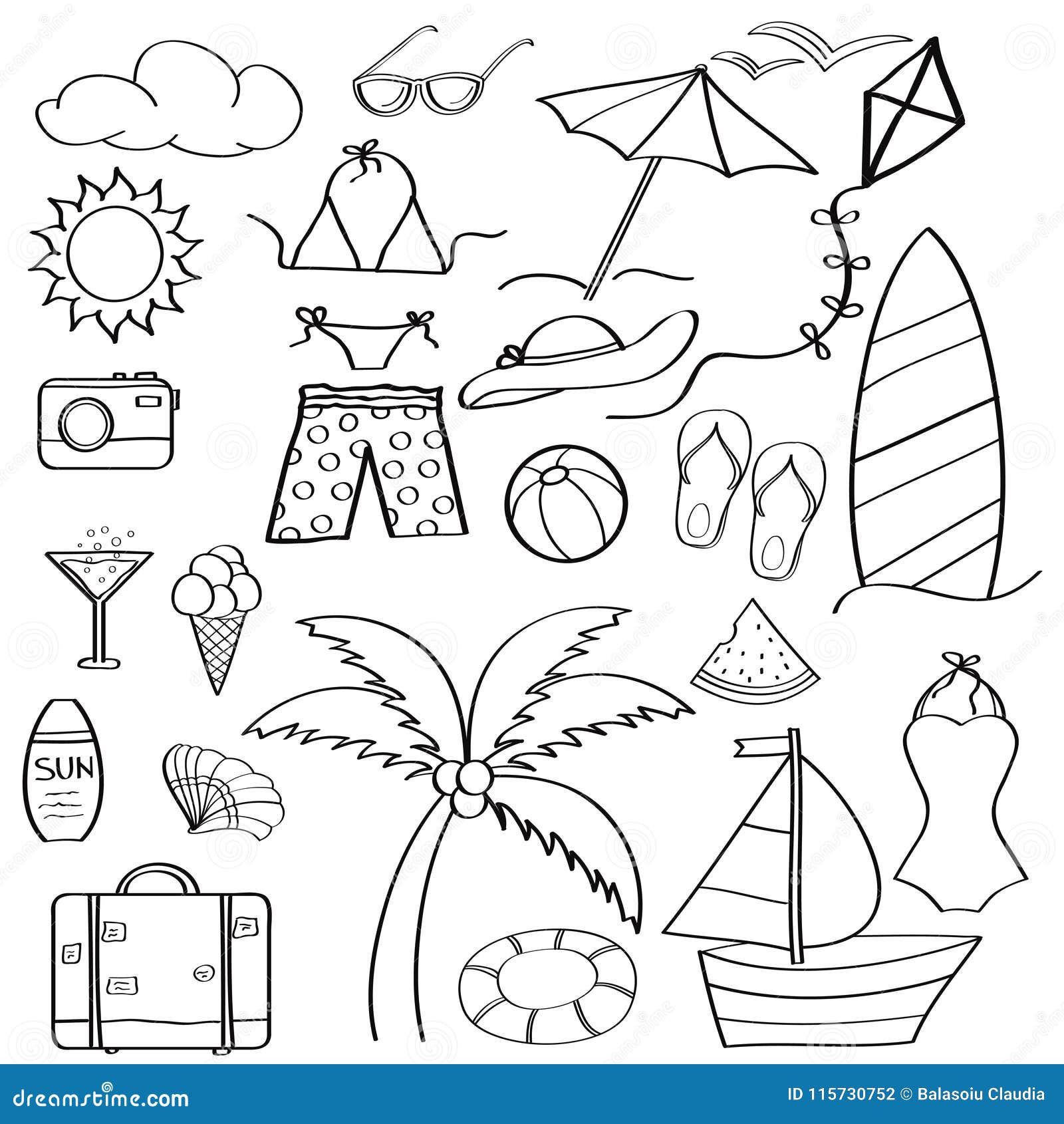 Doodle Cartoon Items Summer Holiday Collection for Coloring. Stock ...