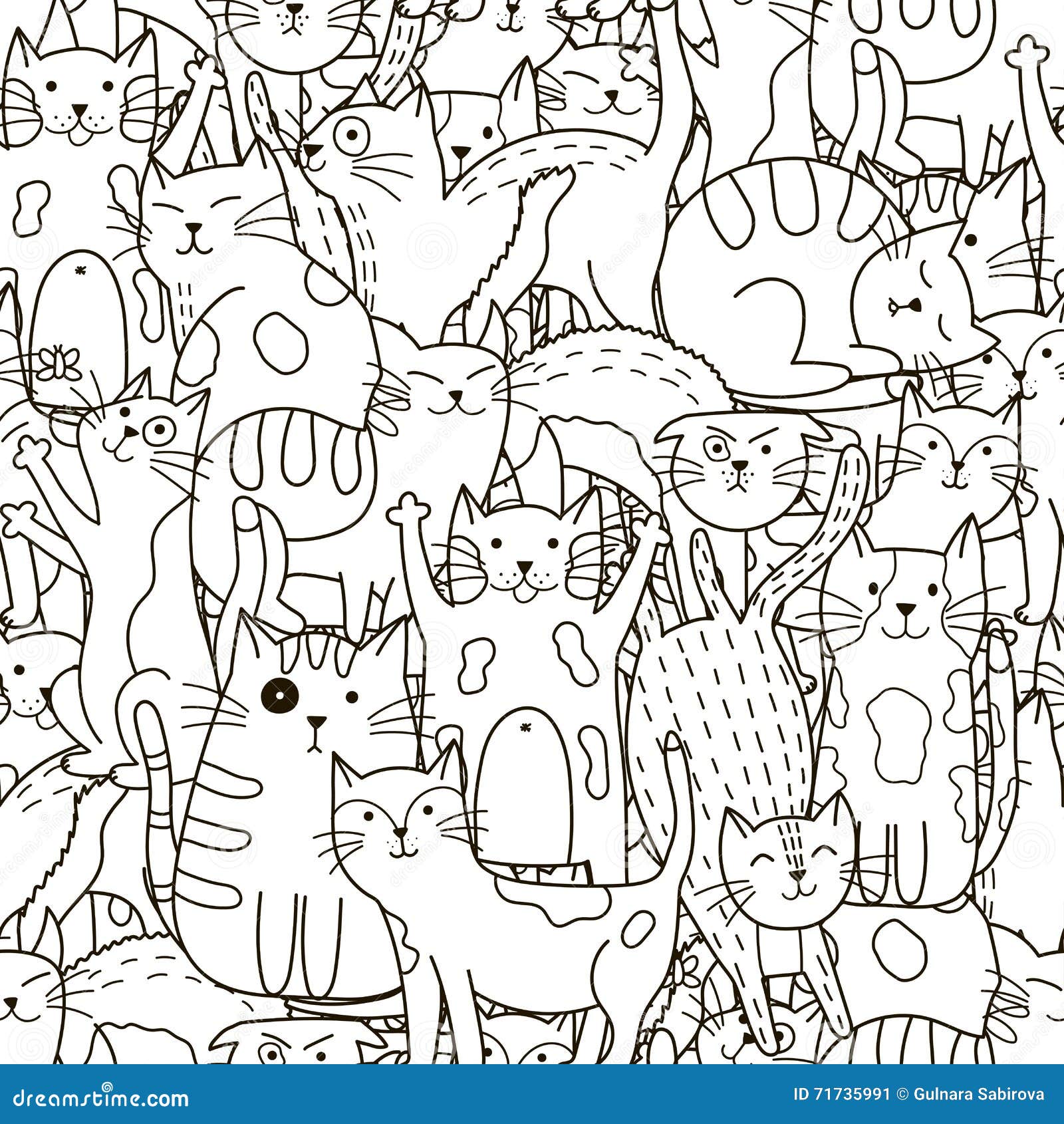 doodle cats seamless pattern. black and white cute cats background