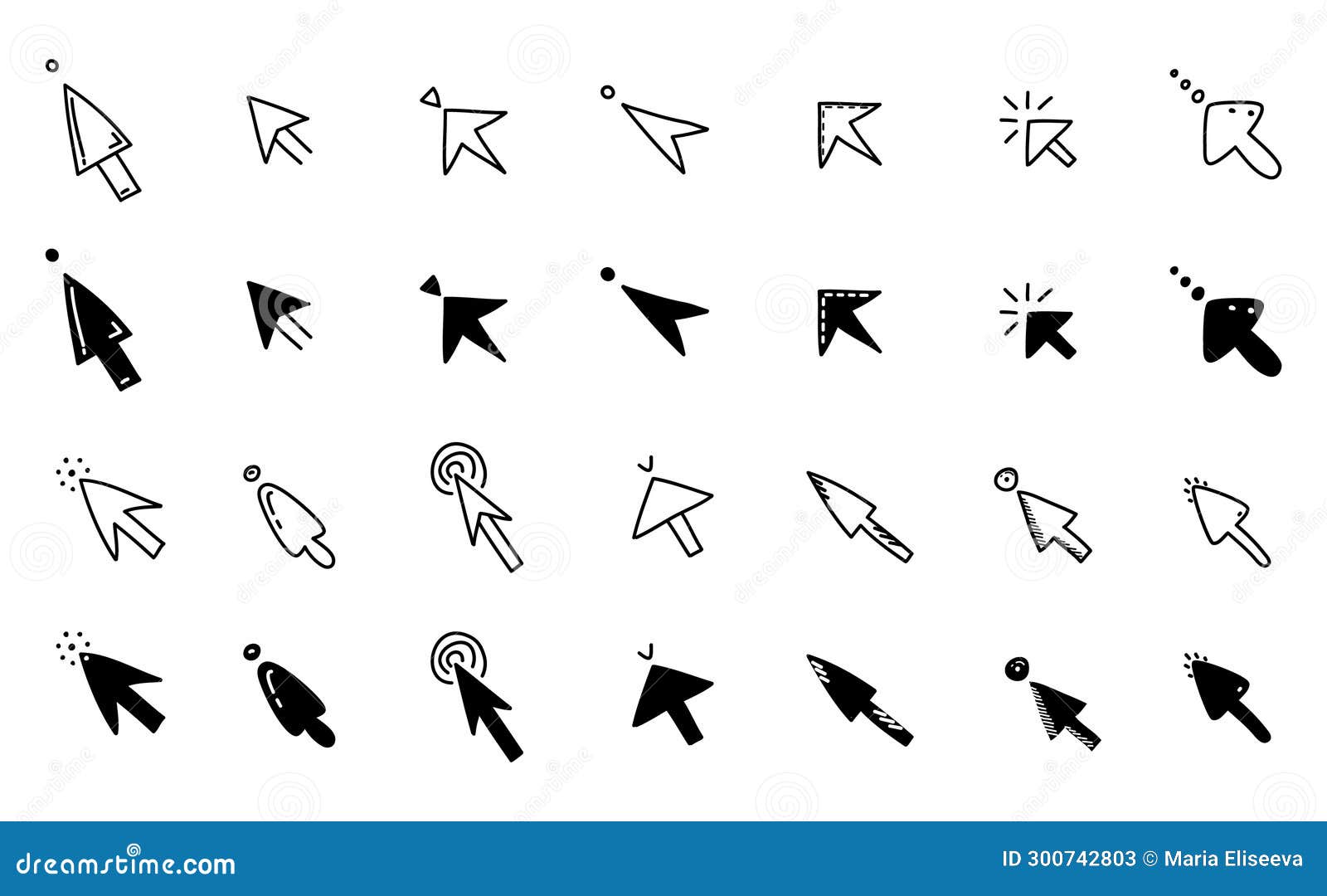 Doodle Click Icon Set. Hand Drawn Mouse Cursor Button. Digital Arrow Pointer for site