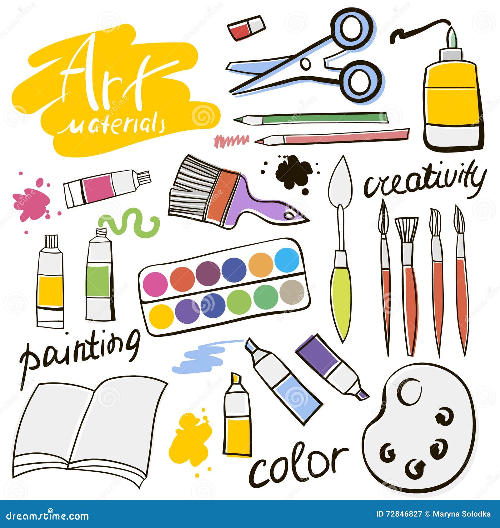 Doodle Colored Art Materials Collection. Hand Drawn Art Icons Set. Vector  Illustration. Stock Vector - Illustration of crayons, backdrop: 72846827