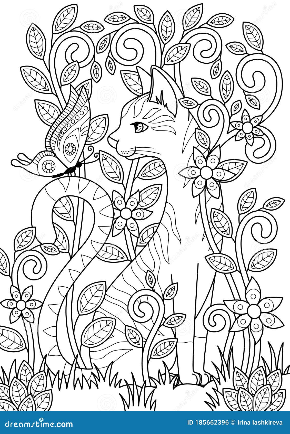 Doodle Coloring Book Page Cute Cat and Butterfly in Flowers. Antistress