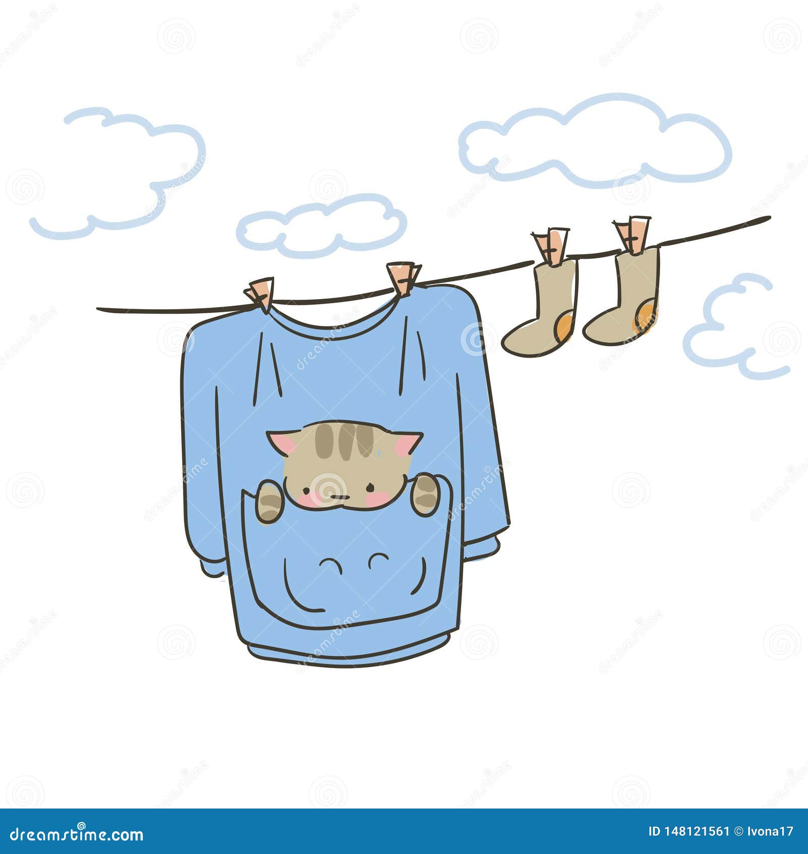 Doodle Cute Little Cat Vector Hanged Clothes Stock Illustration