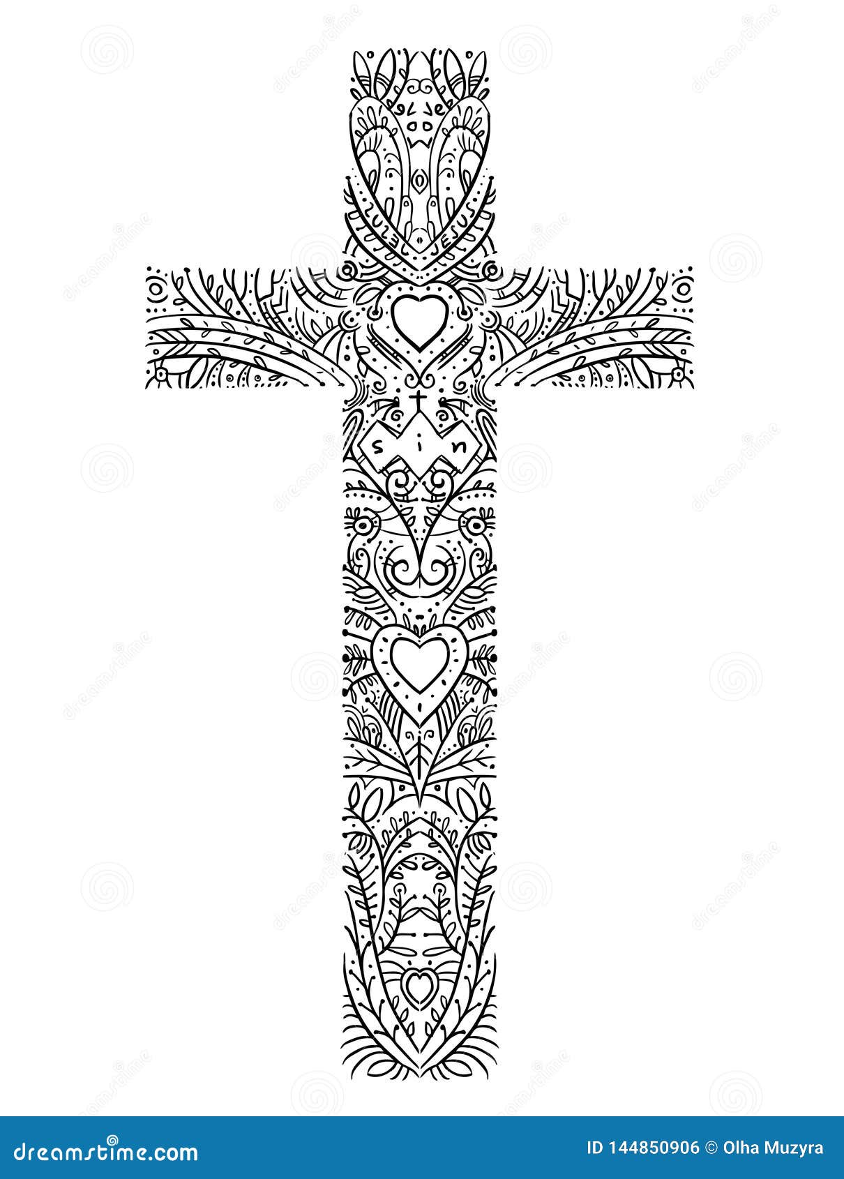 Doodle Decor Cross Wirh Hearts and Words Sin, Jesus, Love Stock Vector ...