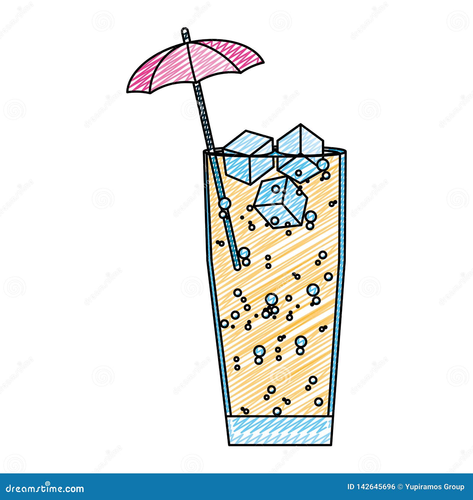Doodle Delicious Cold Beverage Glass with Umbrella Stock Vector
