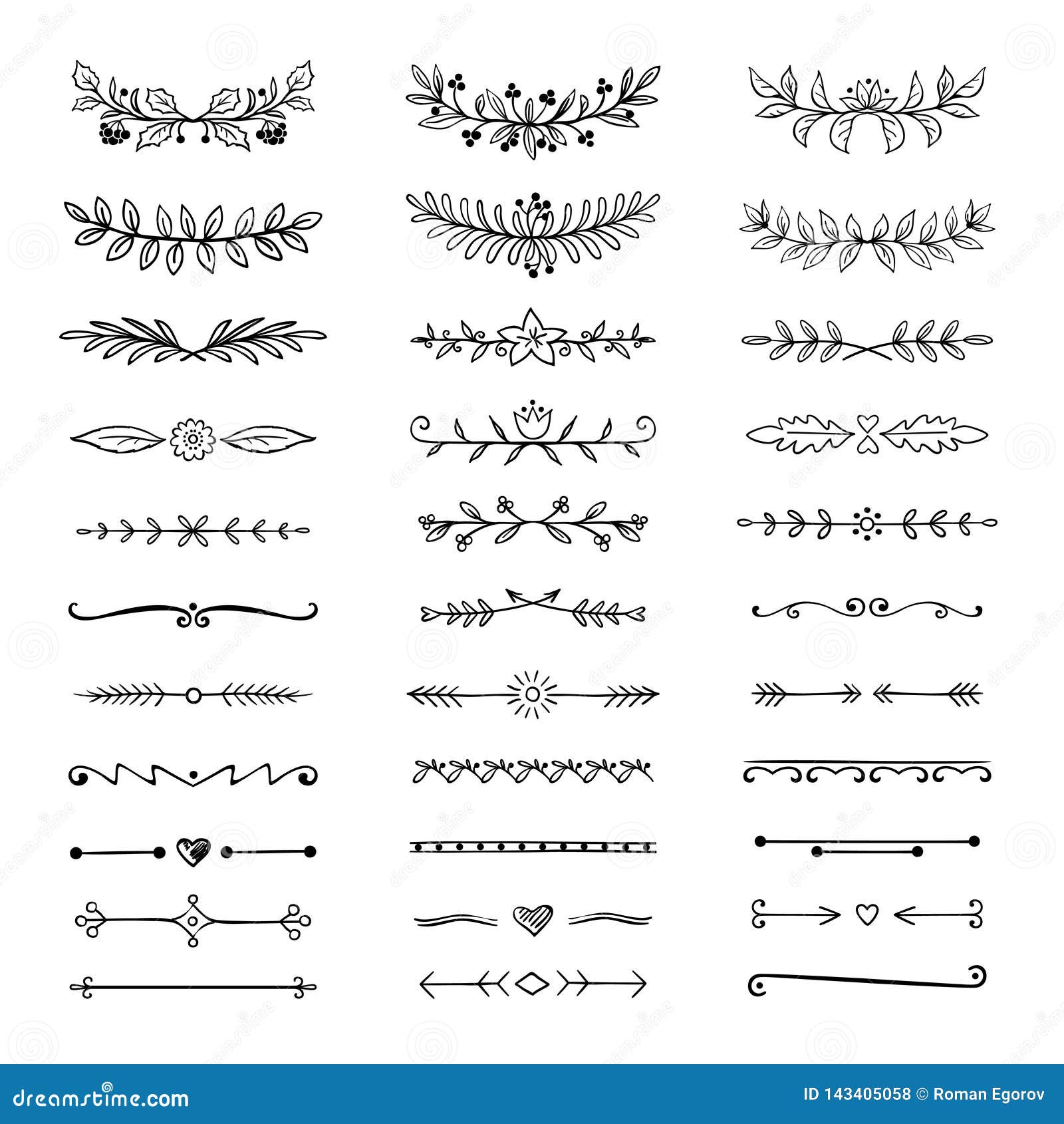 doodle dividers. hand drawn line borders and laurels, ornamental decorative frame, nature floral arrow sketch. 