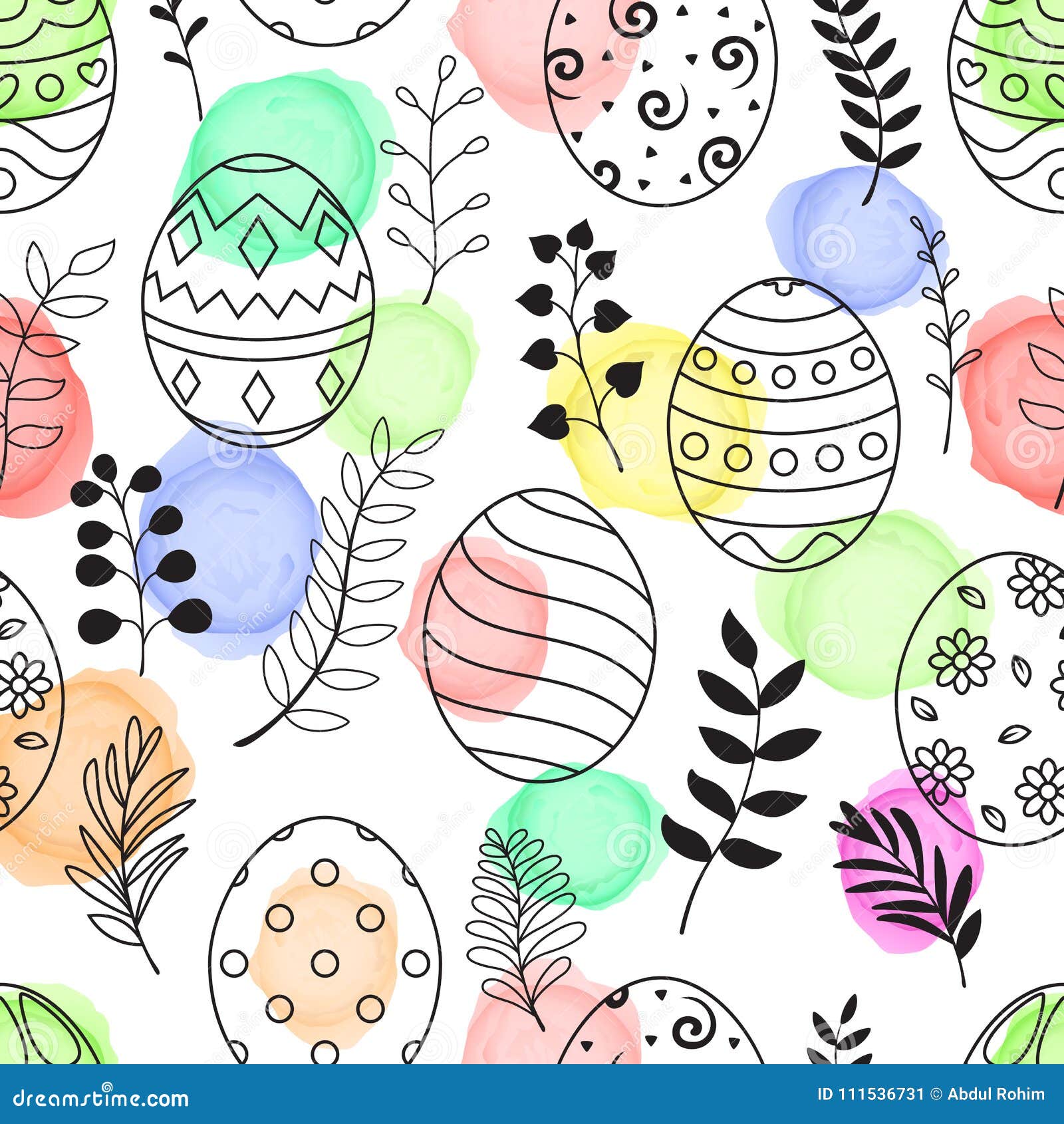 Doodle Of Easter Eggs Set Collection With Ornaments And Watercolor Dots