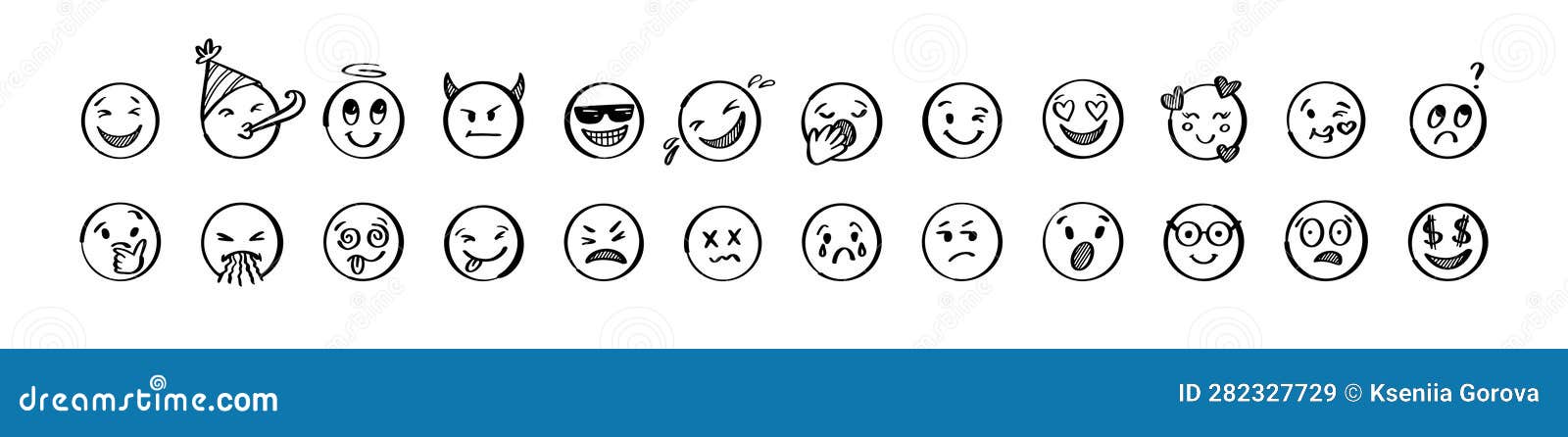 doodle emoji set. hand drawn sketch  . pack of different expressions emoticons