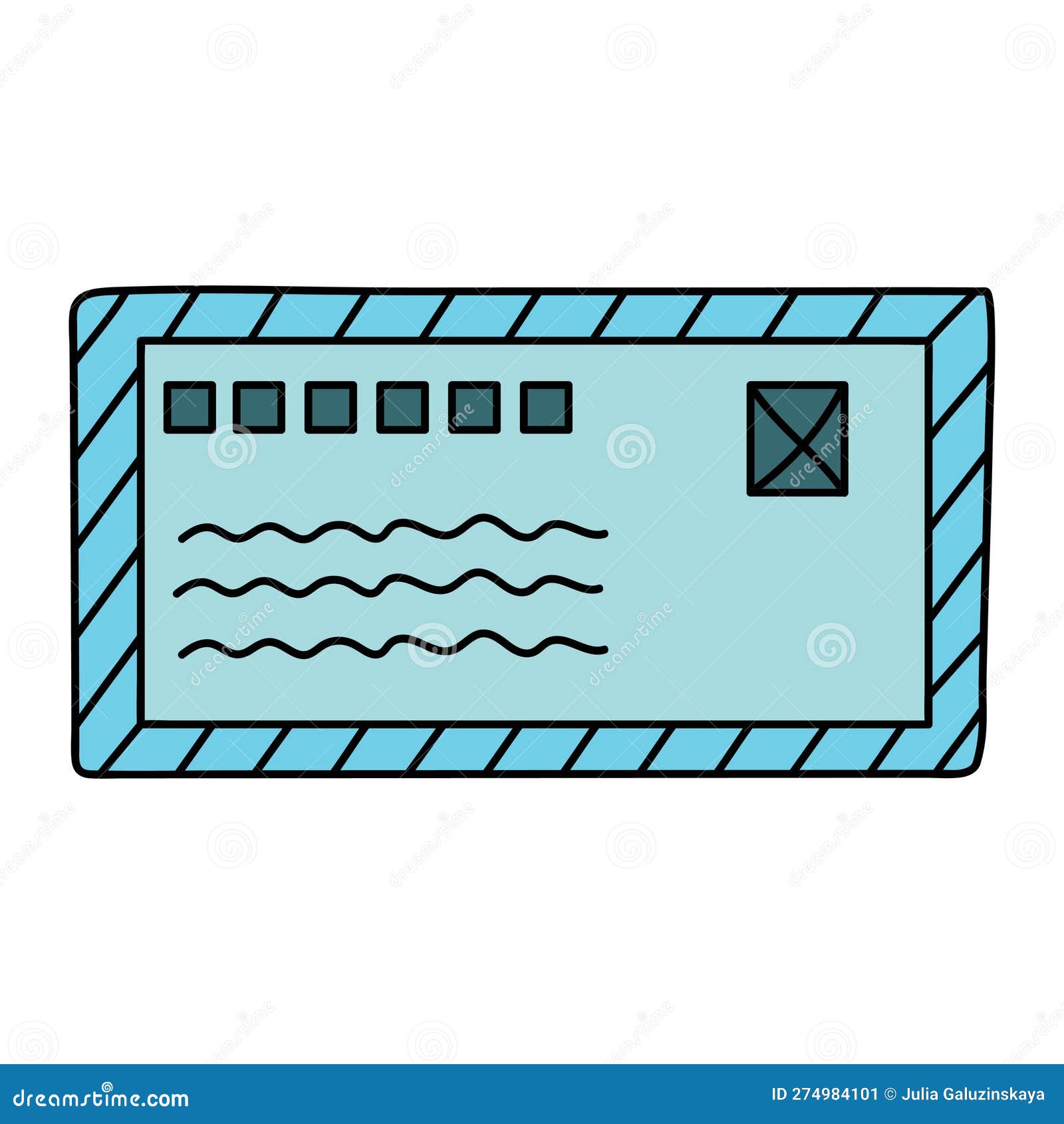 Doodle Envelope with Postage Stamp. Stock Vector Illustration of cute