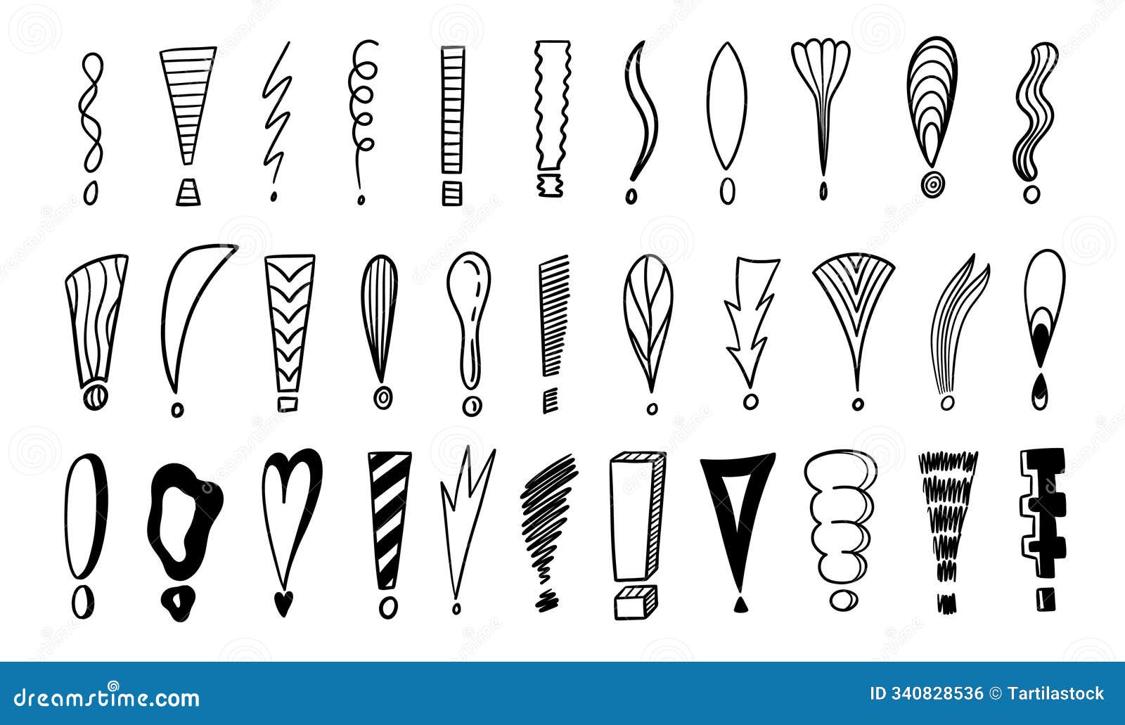 doodle exclamation mark. hand drawn punctuation marks and exclamatory s, sketch pencil ink scribble notes