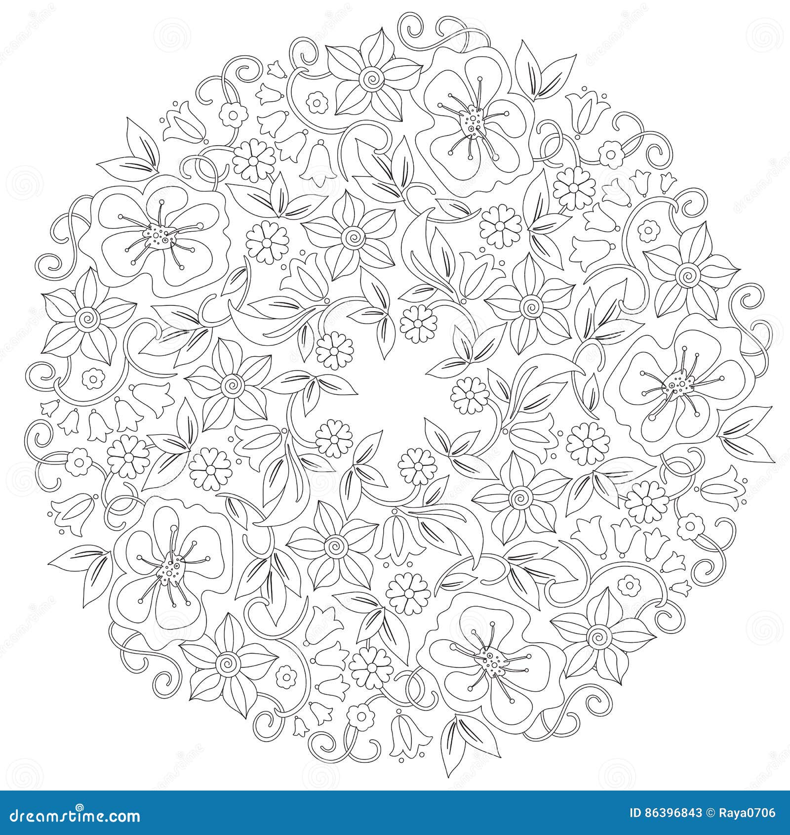 Doodle Floral Round Ornament in Black and White. Page for Coloring Book ...