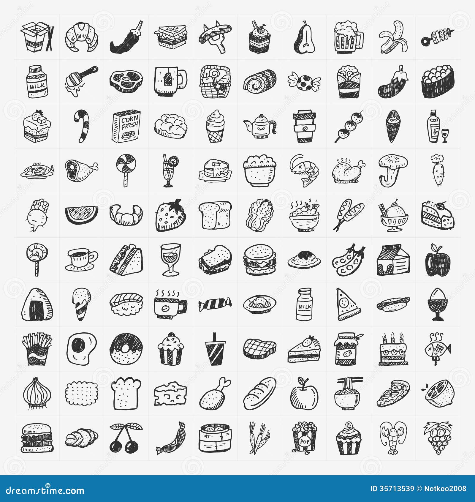 doodle food icons set
