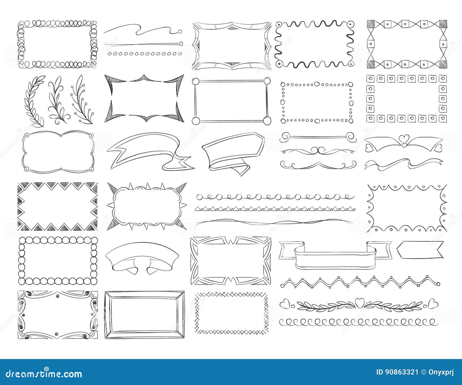 Doodle Frame Borders Hand Drawn Ribbon Banners And Sketch Design