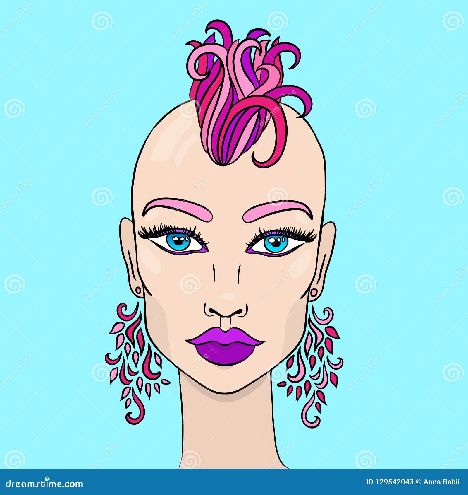 Doodle Girl With Shaved Head And Earrings. 
