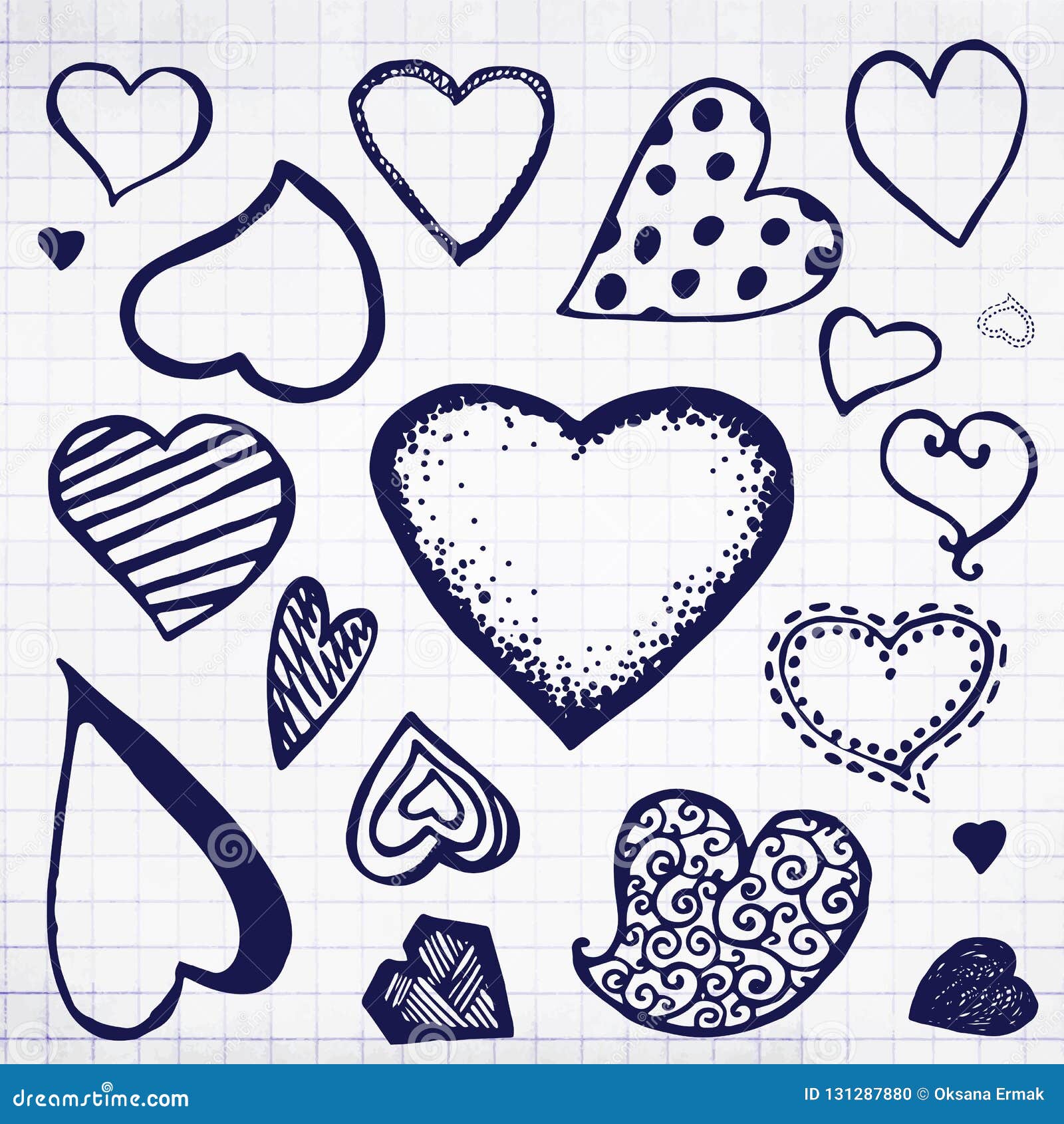 Doodle Hand Drawn Blue Ink Heart Icons Set Stock Vector - Illustration