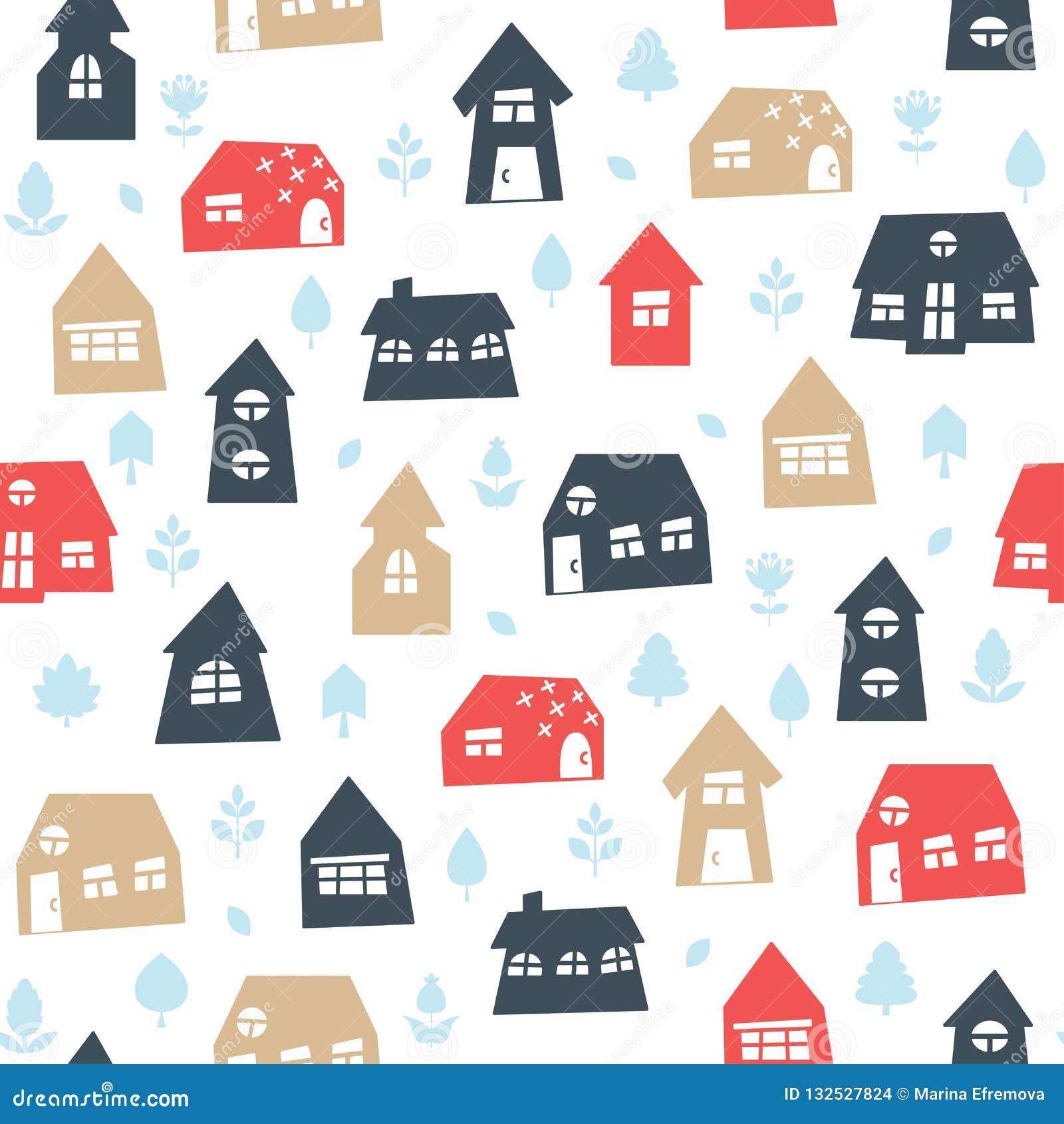 Doodle Hand Drawn Town with Plants Seamless Pattern Stock Vector ...