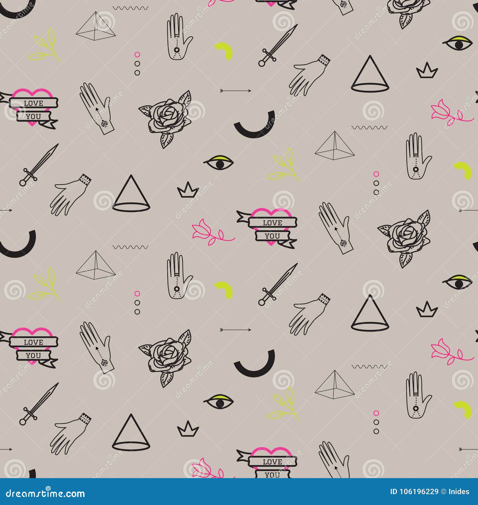 Doodle Hipster Flash Tattoo Style Seamless Beige Vector Pattern Stock Vector Illustration Of Doodle Flash 106196229
