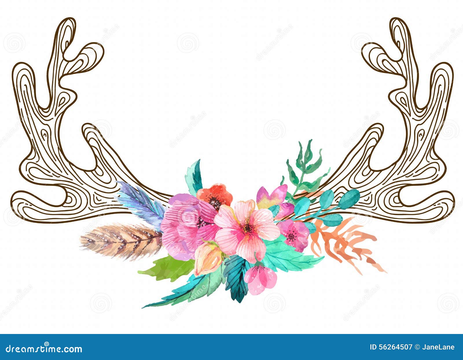 Doodle Horns with Watercolor Flowers and Feathers Stock Vector
