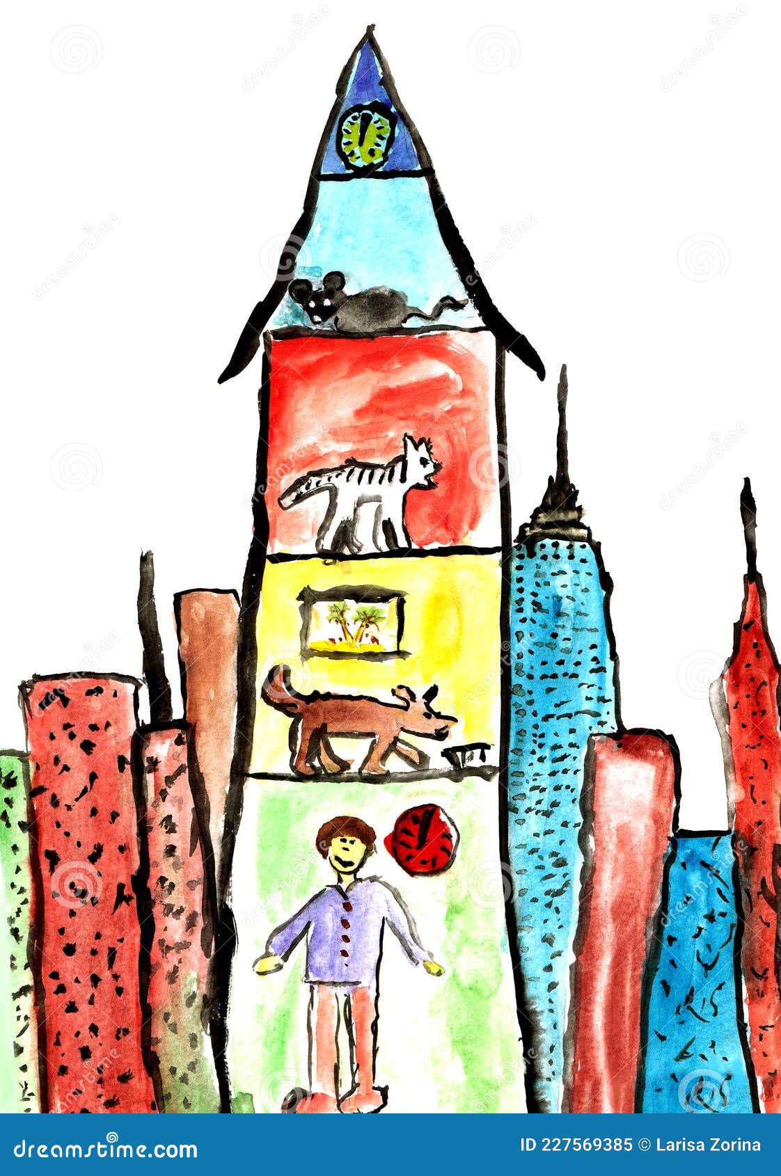 Doodle House with Floors. Funny Hand Painting City Building with Boy, Dog  Cat and Mouse. Stock Illustration - Illustration of mouse, fantastic:  227569385