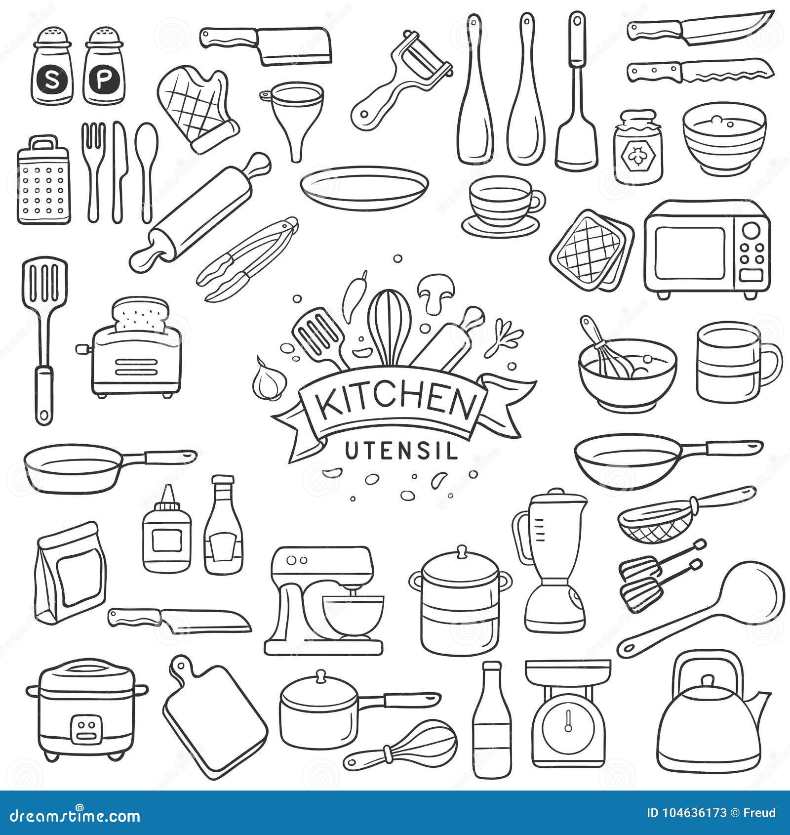 Kitchen Tools Ink Clipart Set Cooking Utensils Line Drawings, Hi