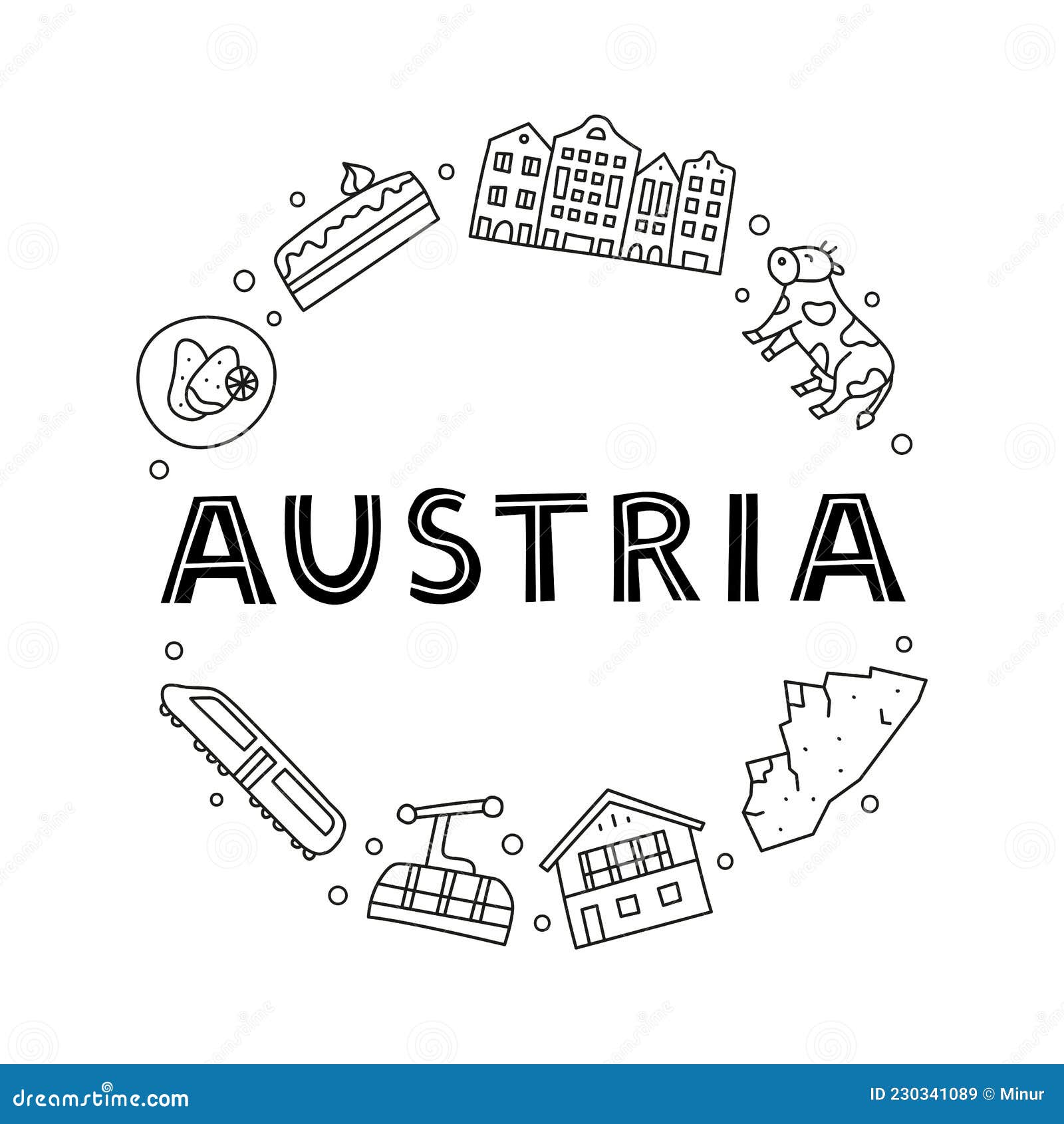 Doodle Outline Austria Icons in Circle. Stock Vector - Illustration of ...