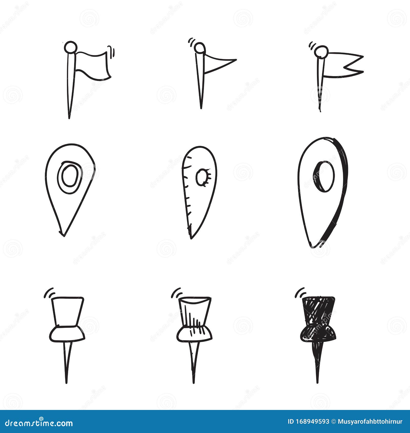 Doodle Pin Location Illustration Set Hand Drawn Cartoon Style Stock