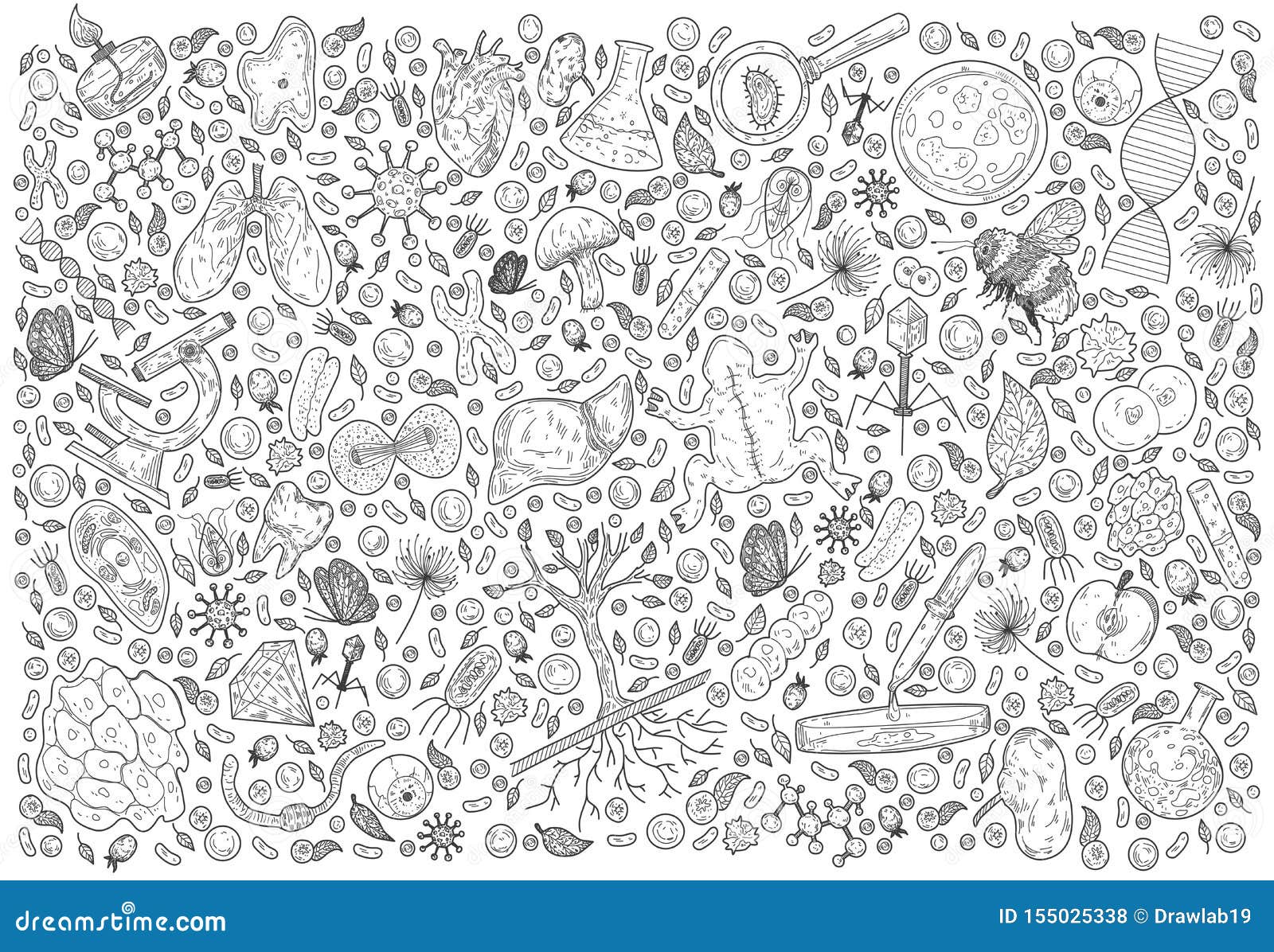 doodle science   . biology and biotechnology set. hand on the theme of zoology, botany, anatomy on