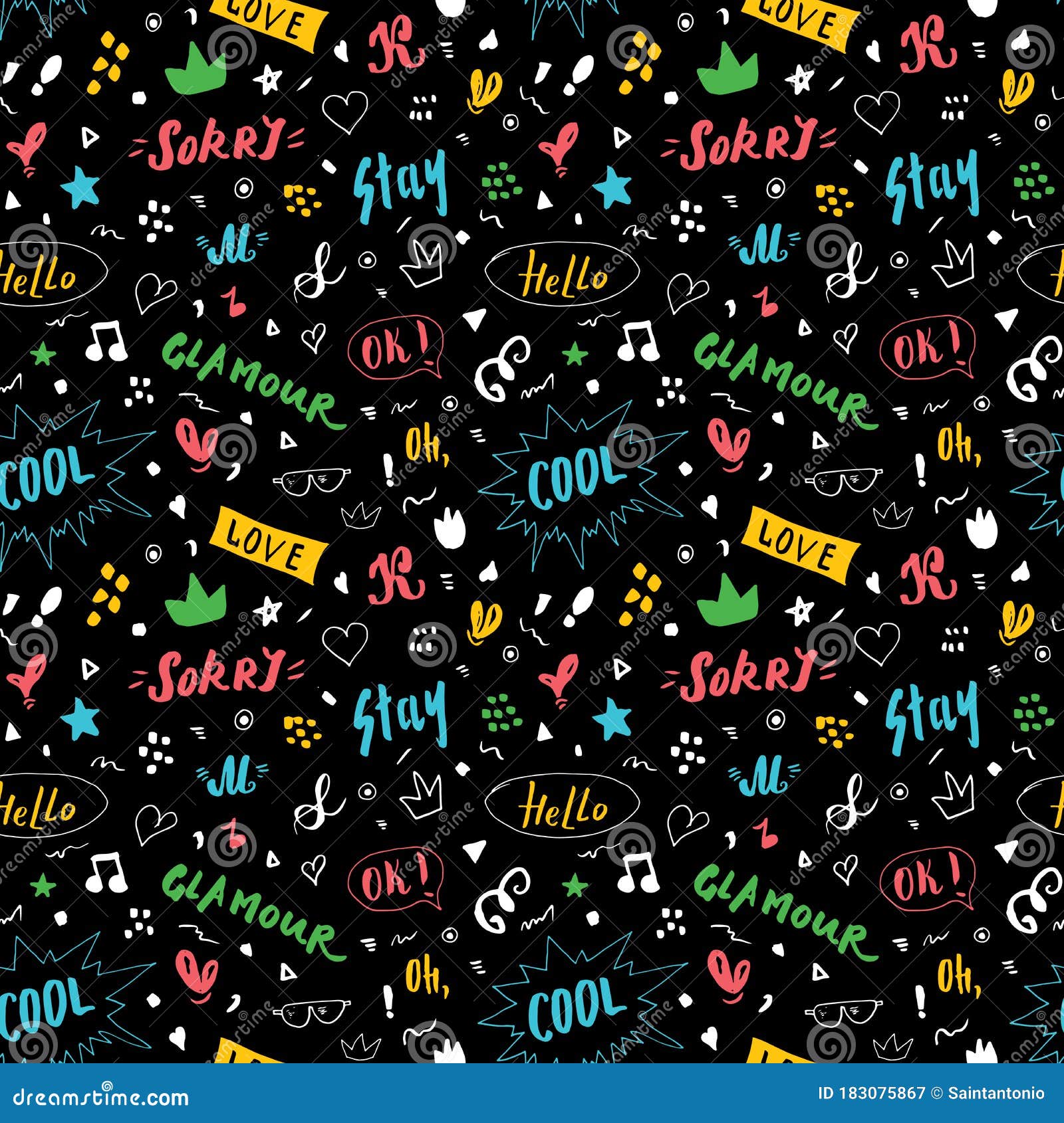 Doodle Seamless Pattern, Hand Drawn Pop Art Signs and Symbols