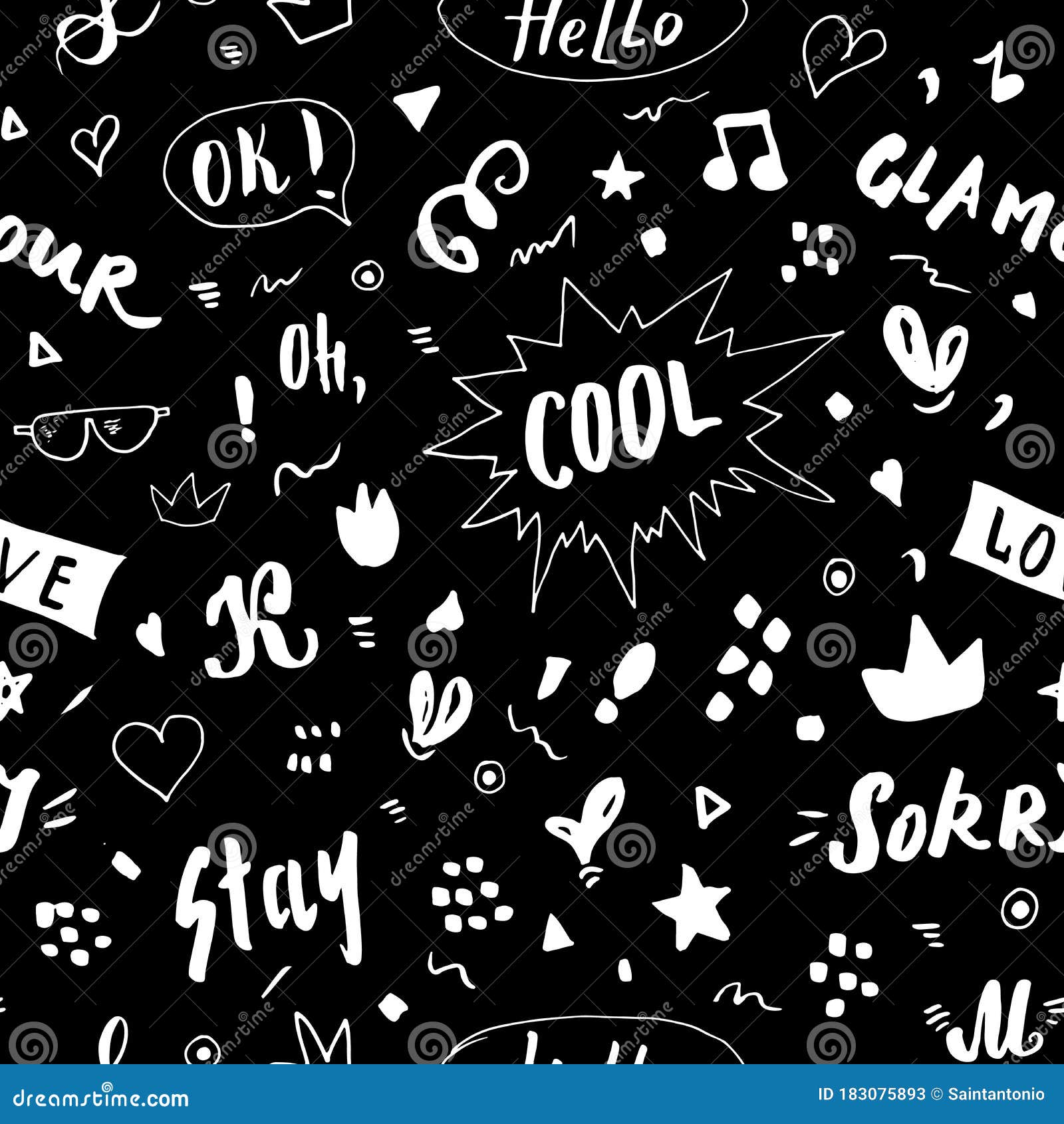 Doodle Seamless Pattern, Hand Drawn Pop Art Signs and Symbols