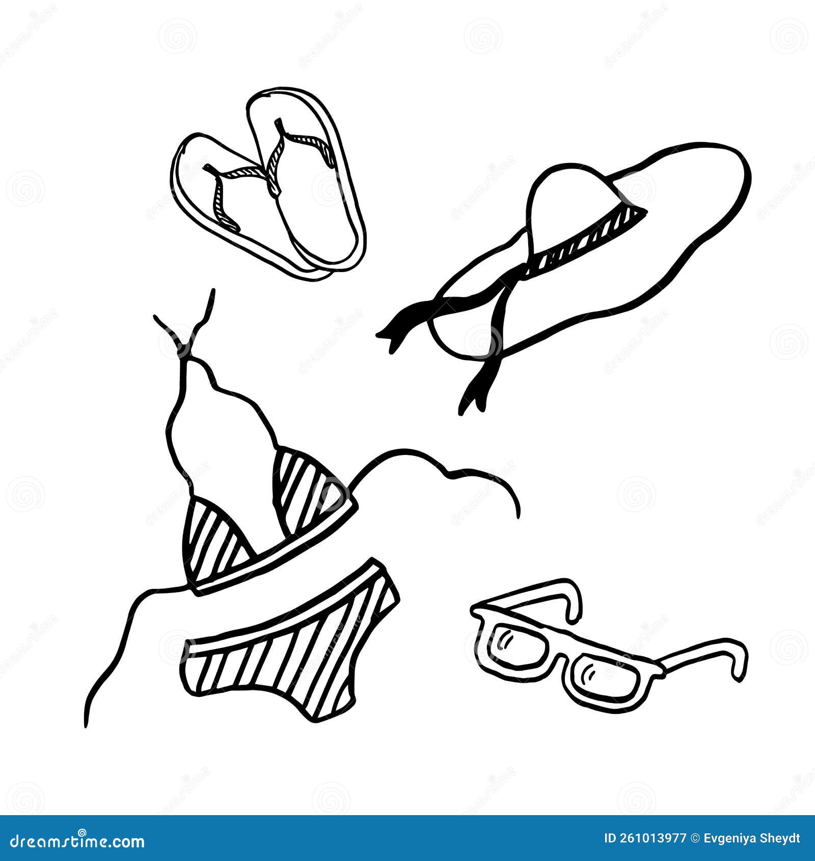Doodle Set of Beach Accessories Black on White. Stock Vector