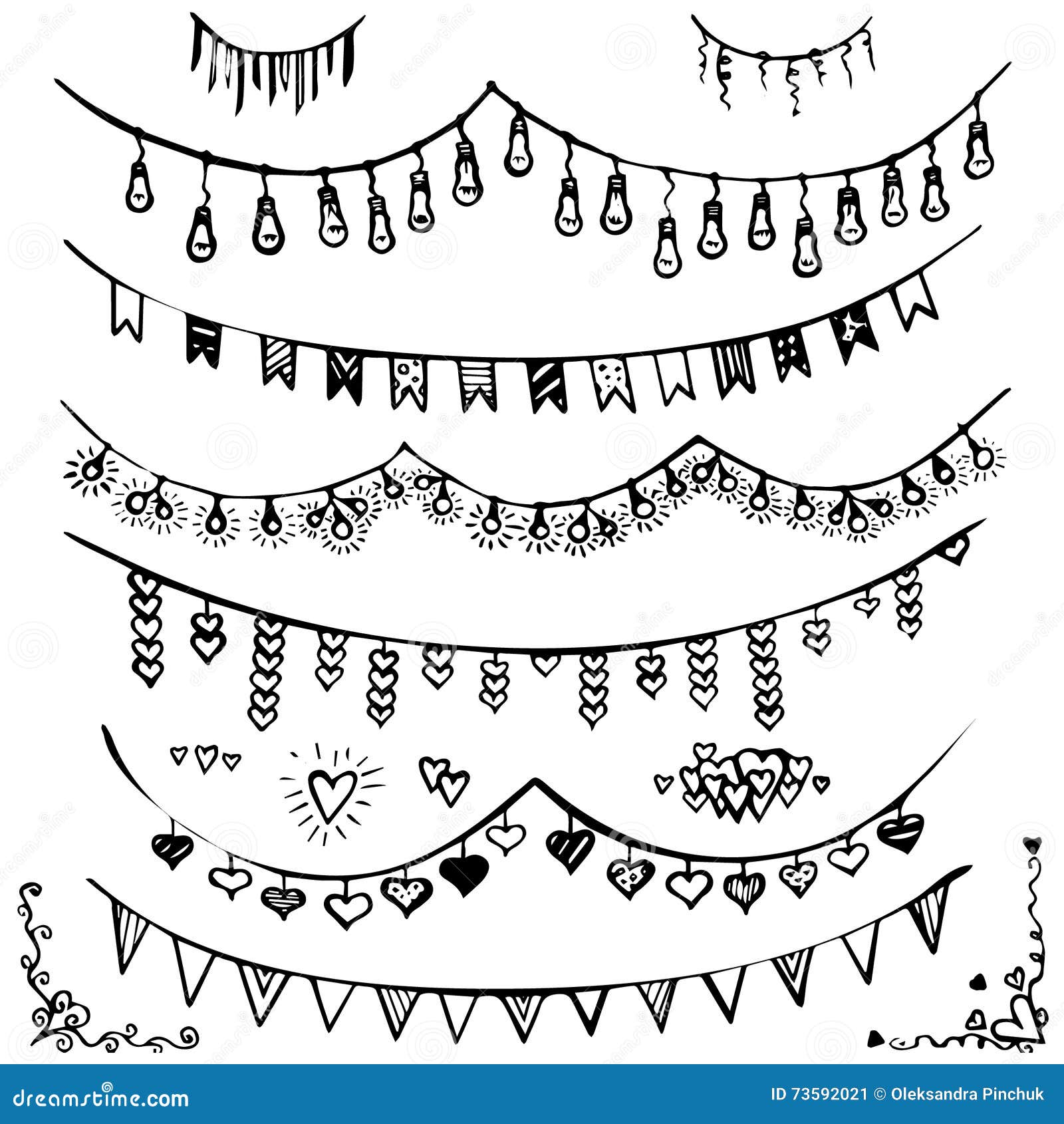 Doodle Set Bunting and Garlands. Stock Vector Illustration of happy