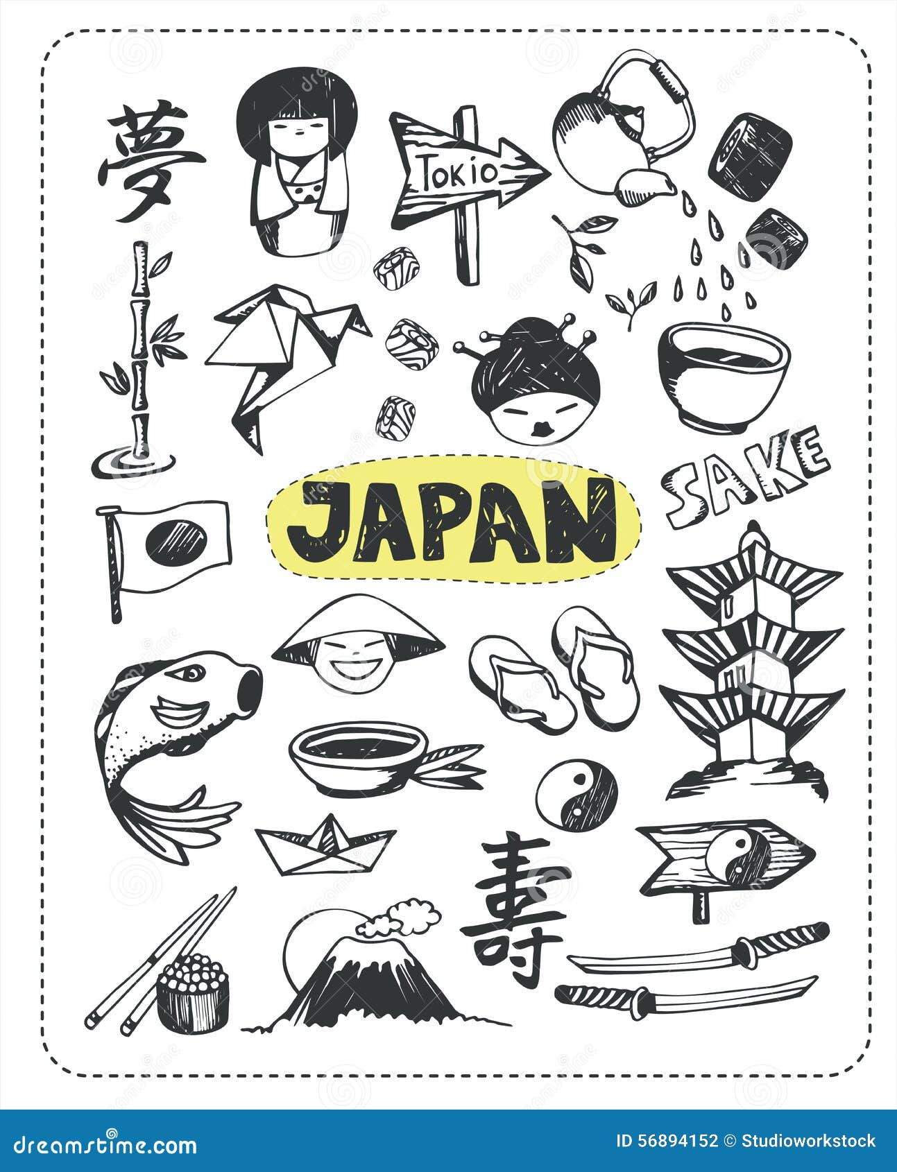 Doodle set of Japan. stock vector. Illustration of traditional 56894152