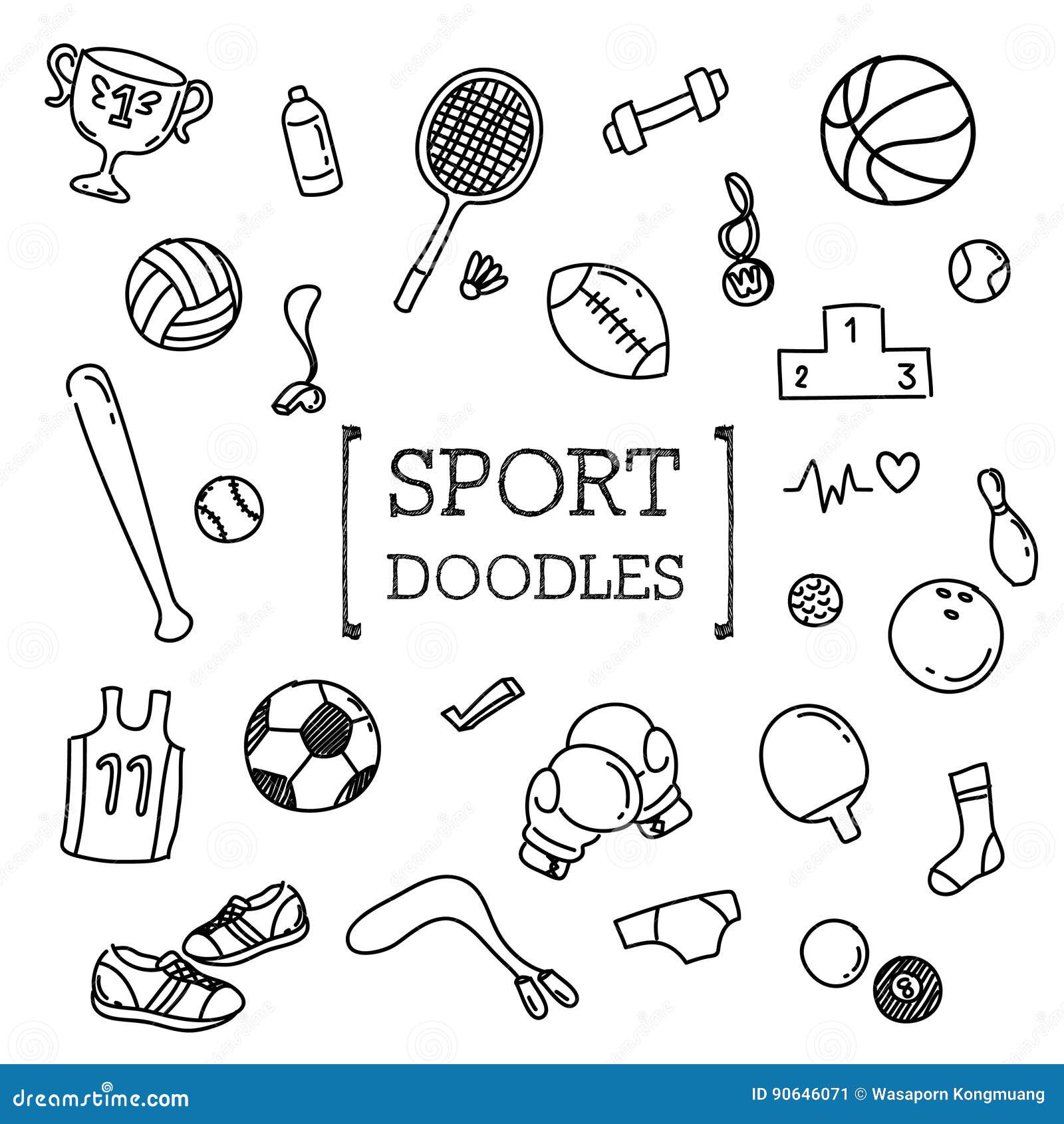 Doodle set of Sport items. stock vector. Illustration of fitness - 90646071