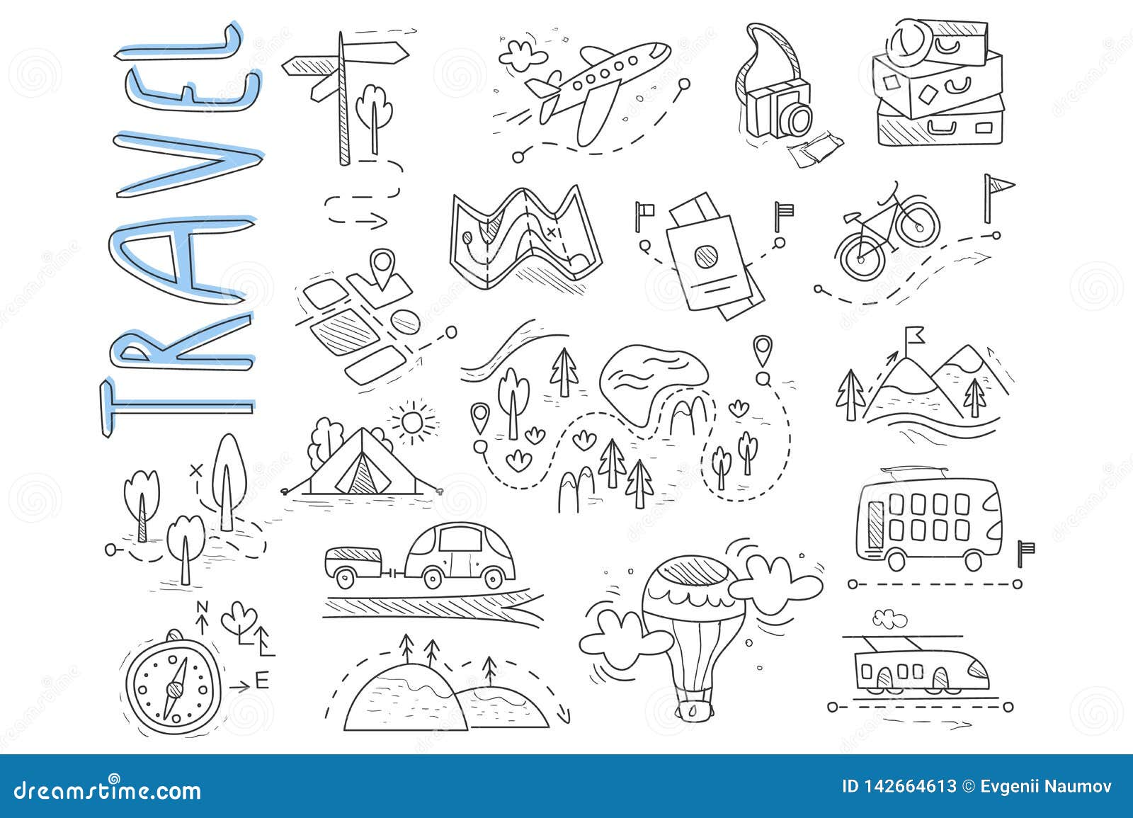 Doodle Set of Travel and Camping Icons. Signpost, Air Balloon, Bike ...
