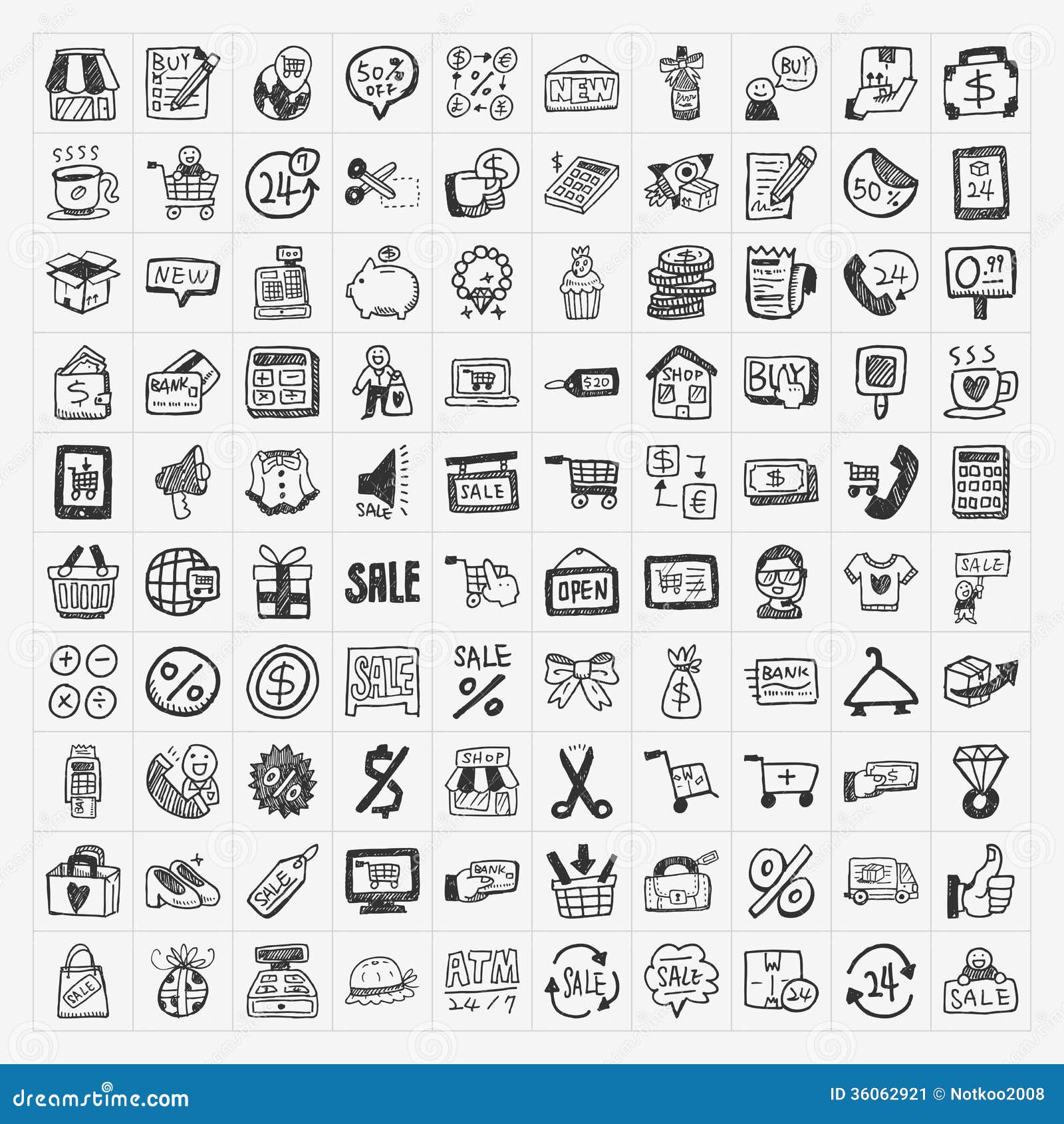 doodle shopping icons set
