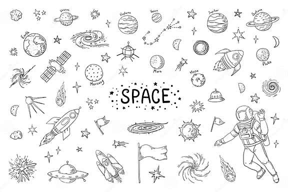 Doodle Space. Trendy Universe Pattern, Star Astronaut Meteor Rocket ...