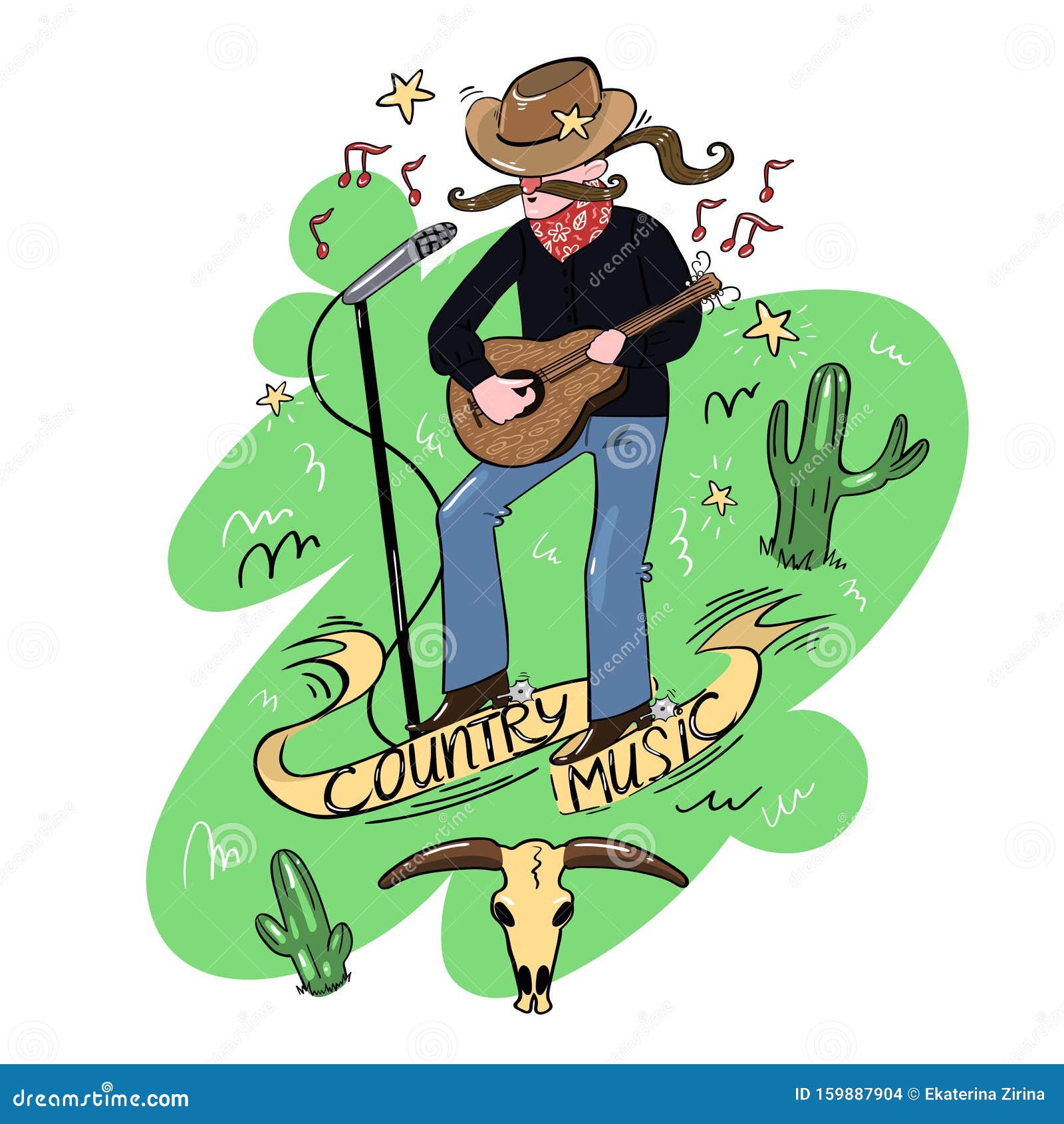 Doodle Style Country Singer with Microphone and Guitar Stock ...