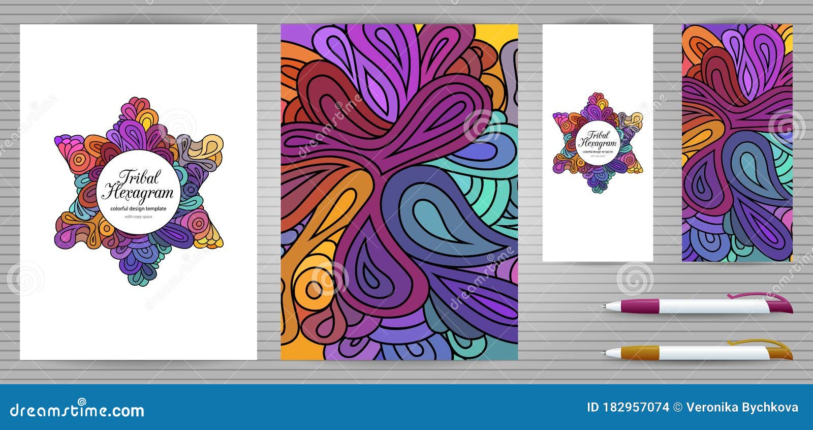 doodle style hexagram corporate identity templates set . colorful zentangle jewish . ethnic tribal flyer and document